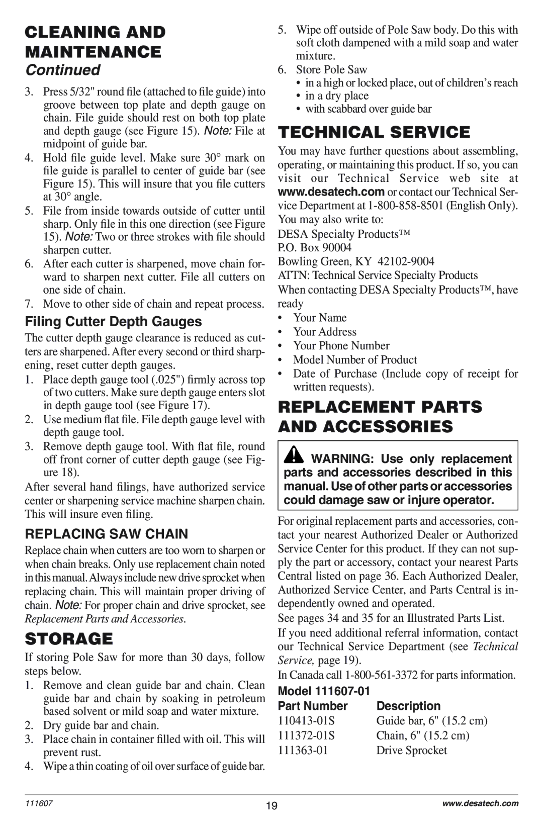 Remington Power Tools DPS-1: 111409-01 Storage, Technical Service, Replacement Parts and Accessories, Replacing SAW Chain 