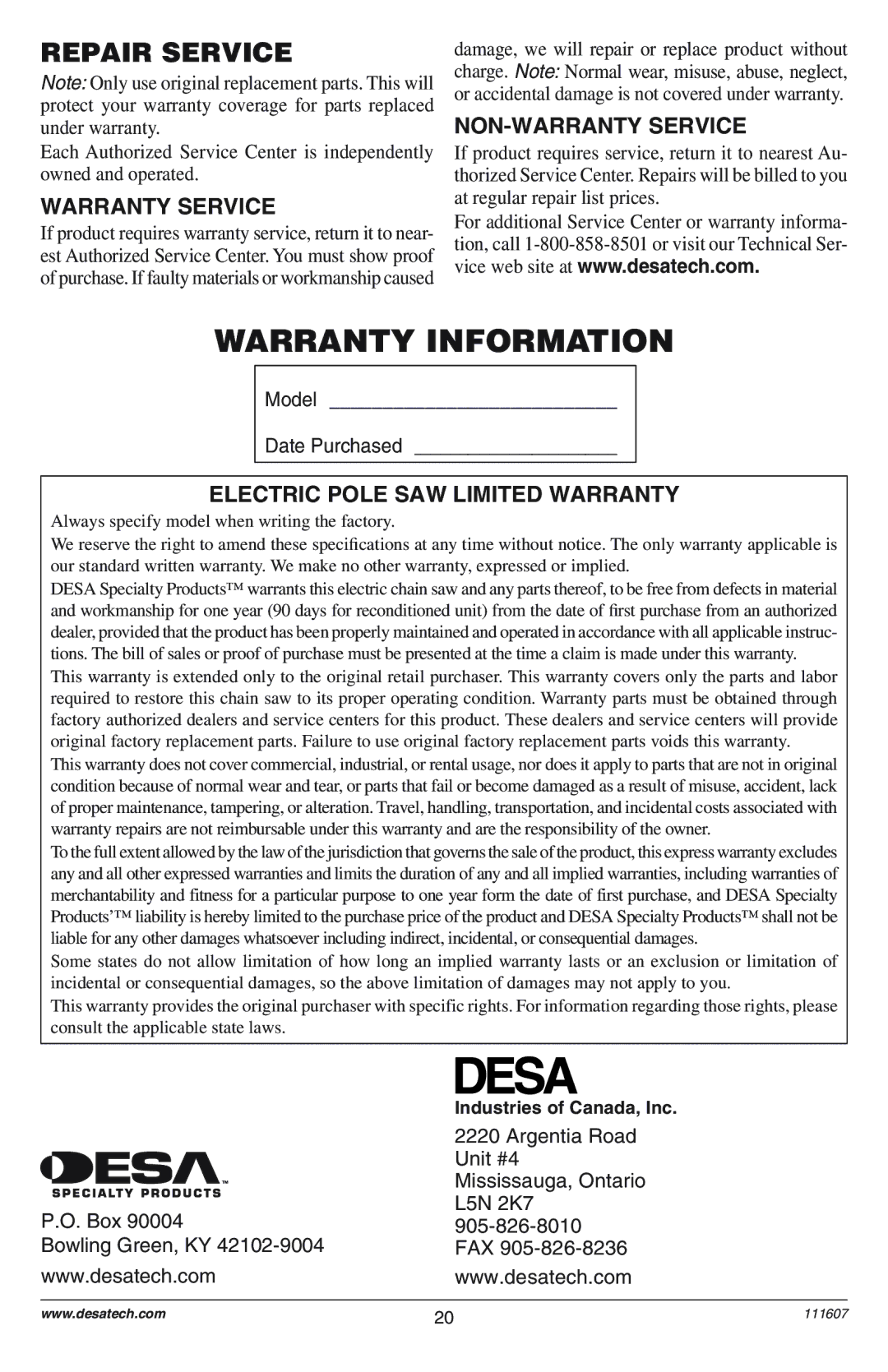 Remington Power Tools DPS-1: 111409-01 owner manual Repair Service, Warranty Service, NON-WARRANTY Service 