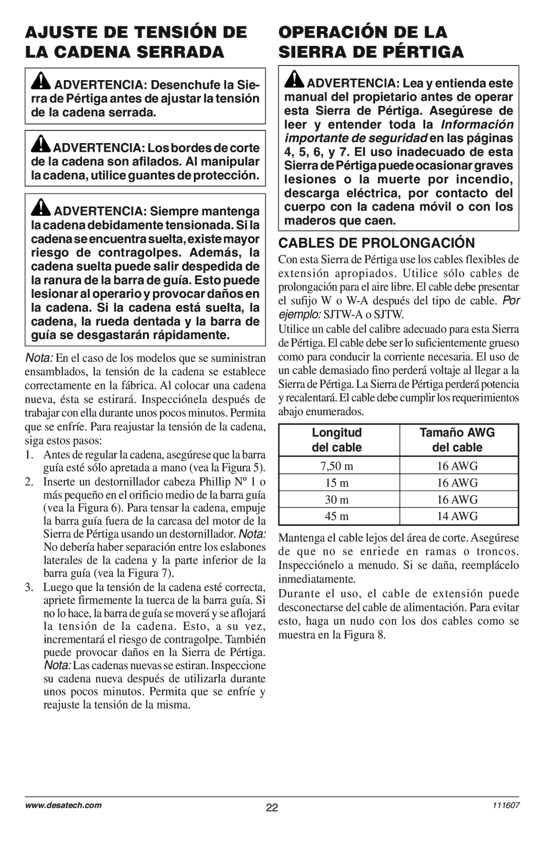 Remington Power Tools DPS-1: 111409-01 owner manual Cables DE PROLONGACIîN, Longitud Tama-o AWG, 15 m, 30 m, 45 m 