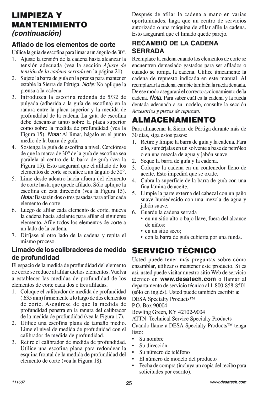 Remington Power Tools DPS-1: 111409-01 owner manual Almacenamiento, Servicio Técnico, Afilado de los elementos de corte 