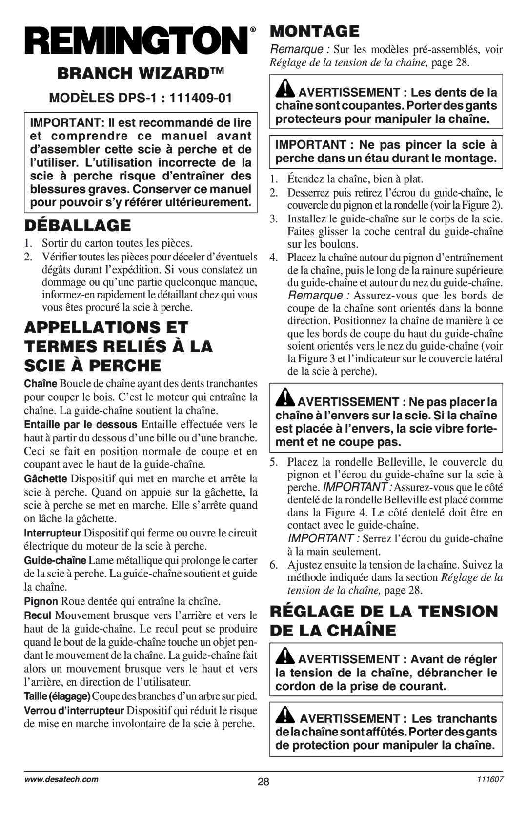 Remington Power Tools DPS-1: 111409-01 Déballage, Appellations ET Termes Reliés À LA Scie À Perche, Montage, MODéLES DPS-1 