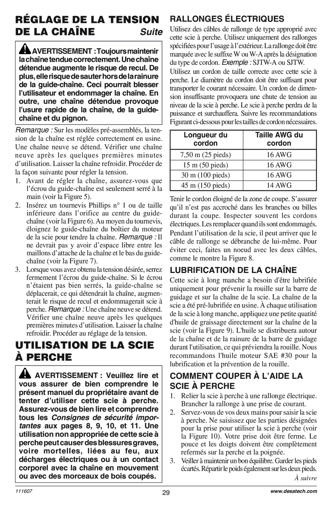 Remington Power Tools DPS-1: 111409-01 Réglage DE LA Tension, Utilisation DE LA Scie À Perche, Rallonges ƒLECTRIQUES 