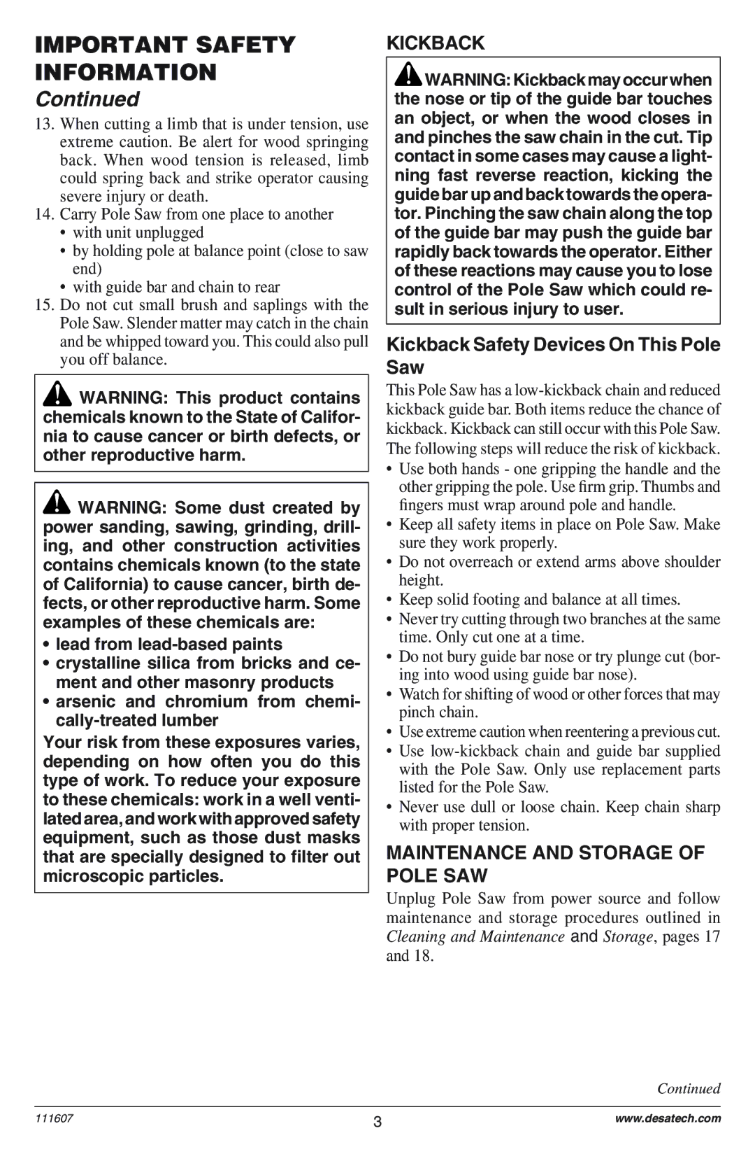 Remington Power Tools DPS-1: 111409-01 Kickback Safety Devices On This Pole Saw, Maintenance and Storage of Pole SAW 