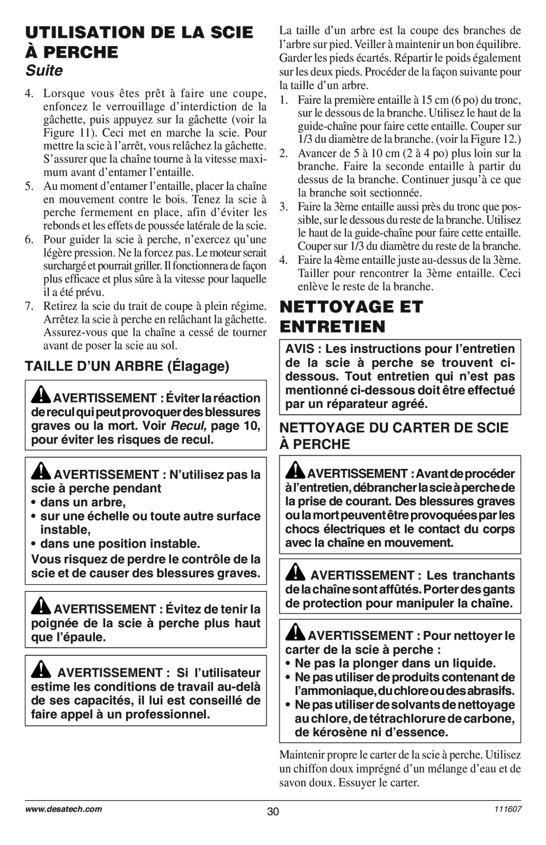 Remington Power Tools DPS-1: 111409-01 Utilisation DE LA Scie Perche, Nettoyage ET Entretien, Taille Dõun Arbre ƒlagage 