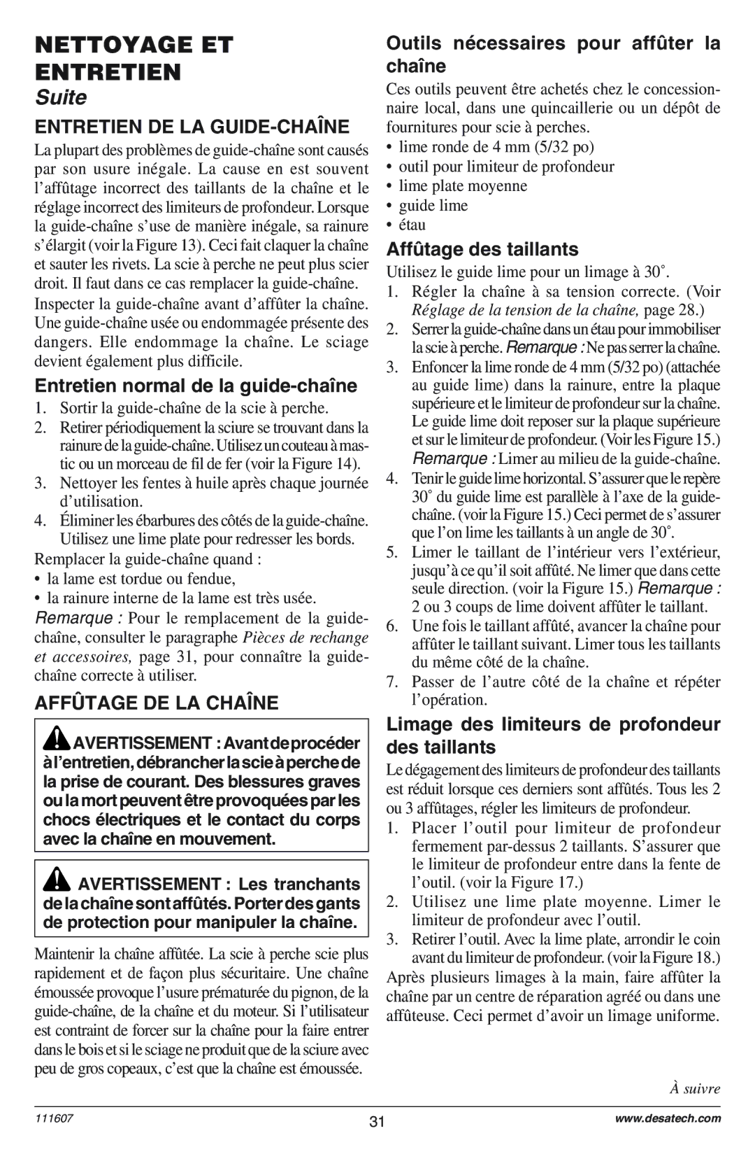 Remington Power Tools DPS-1: 111409-01 owner manual Entretien DE LA GUIDE-CHAëNE, Entretien normal de la guide-chane 