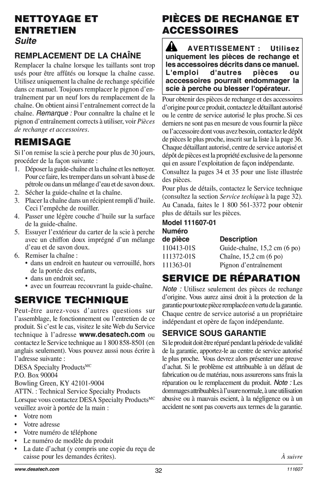 Remington Power Tools DPS-1: 111409-01 owner manual Remisage, Service Technique, Pièces DE Rechange ET Accessoires 