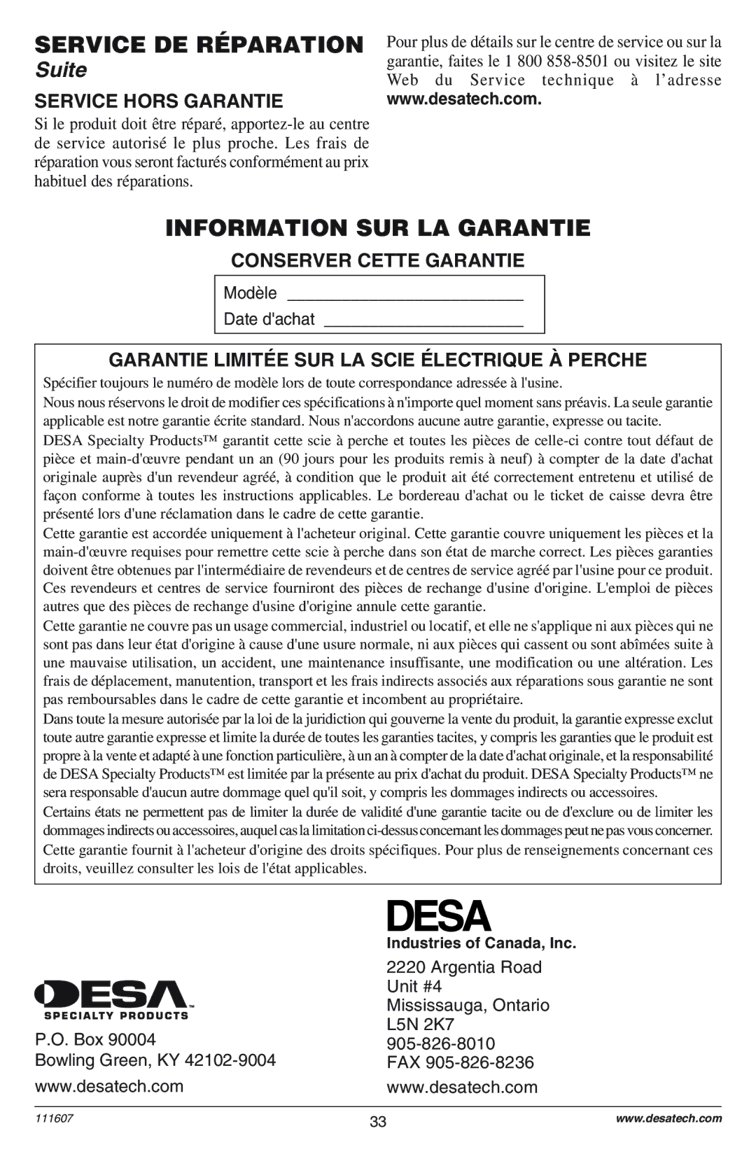 Remington Power Tools DPS-1: 111409-01 Information SUR LA Garantie, Service Hors Garantie, Conserver Cette Garantie 