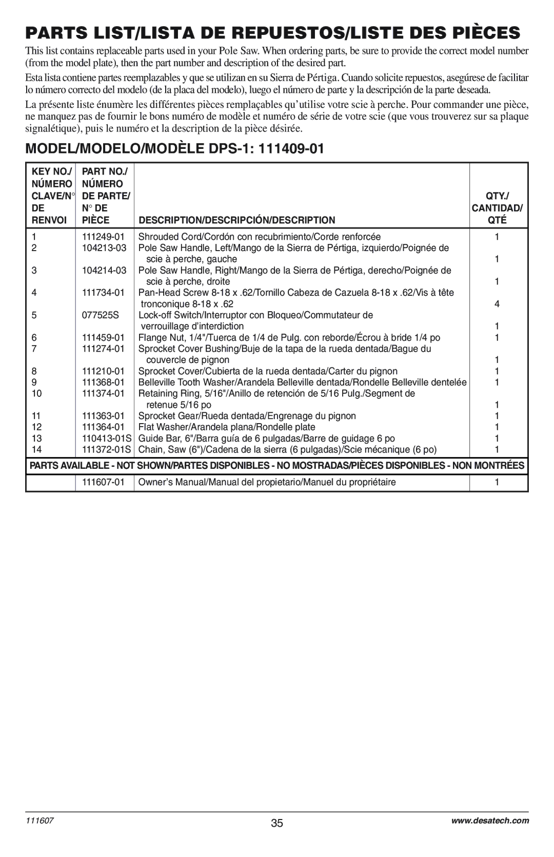 Remington Power Tools DPS-1: 111409-01 owner manual Parts LIST/LISTA DE REPUESTOS/LISTE DES Pièces, Renvoi 