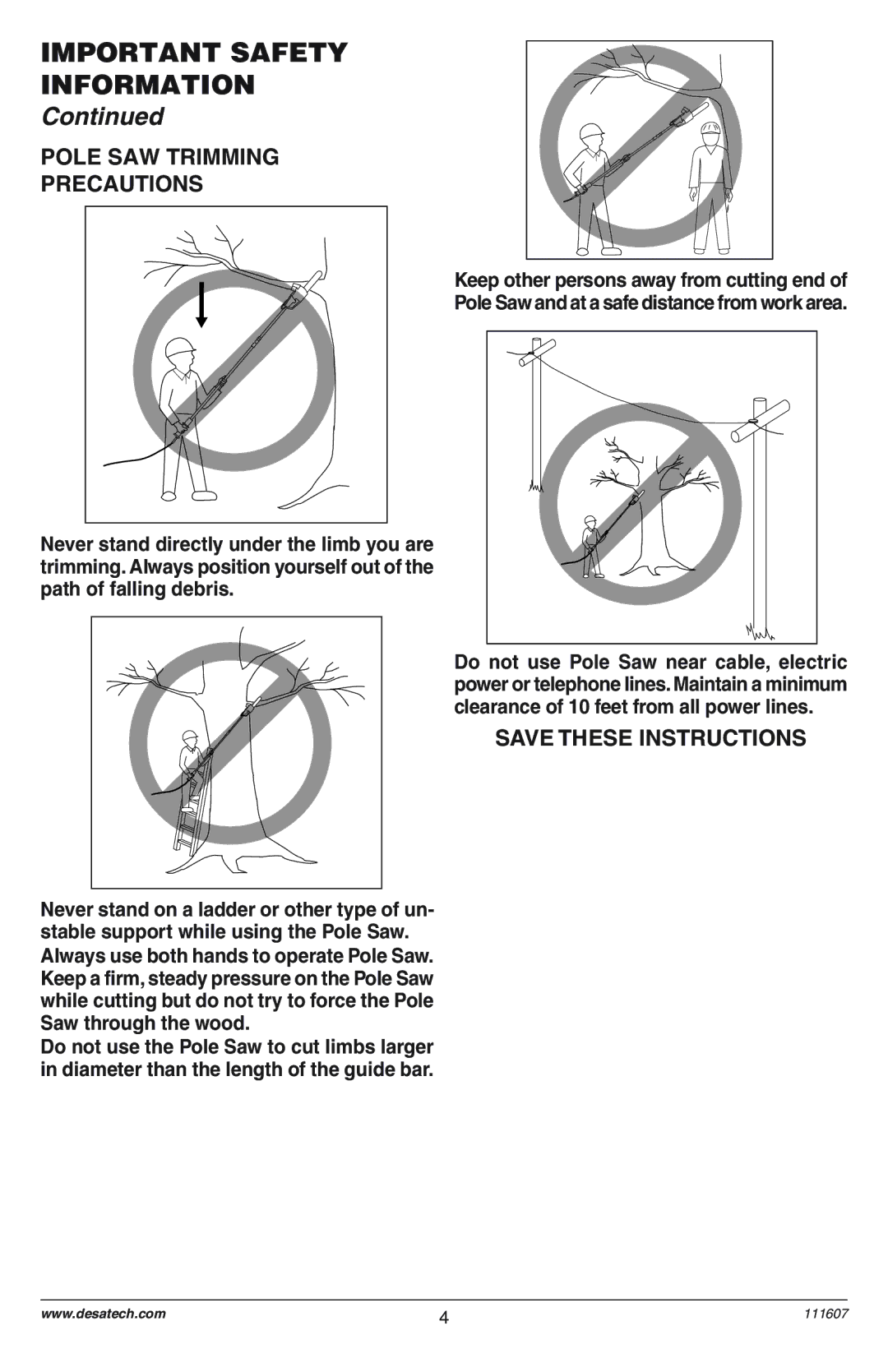 Remington Power Tools DPS-1: 111409-01 owner manual Pole SAW Trimming Precautions 