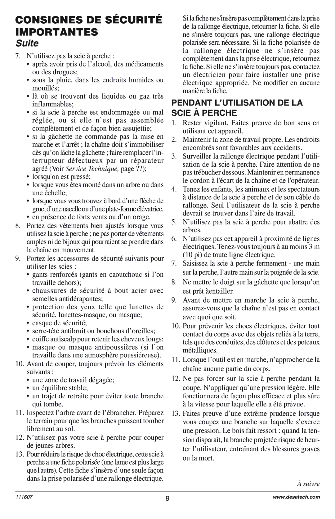 Remington Power Tools DPS-1: 111409-01 owner manual Pendant Lõutilisation DE LA Scie Ë Perche 