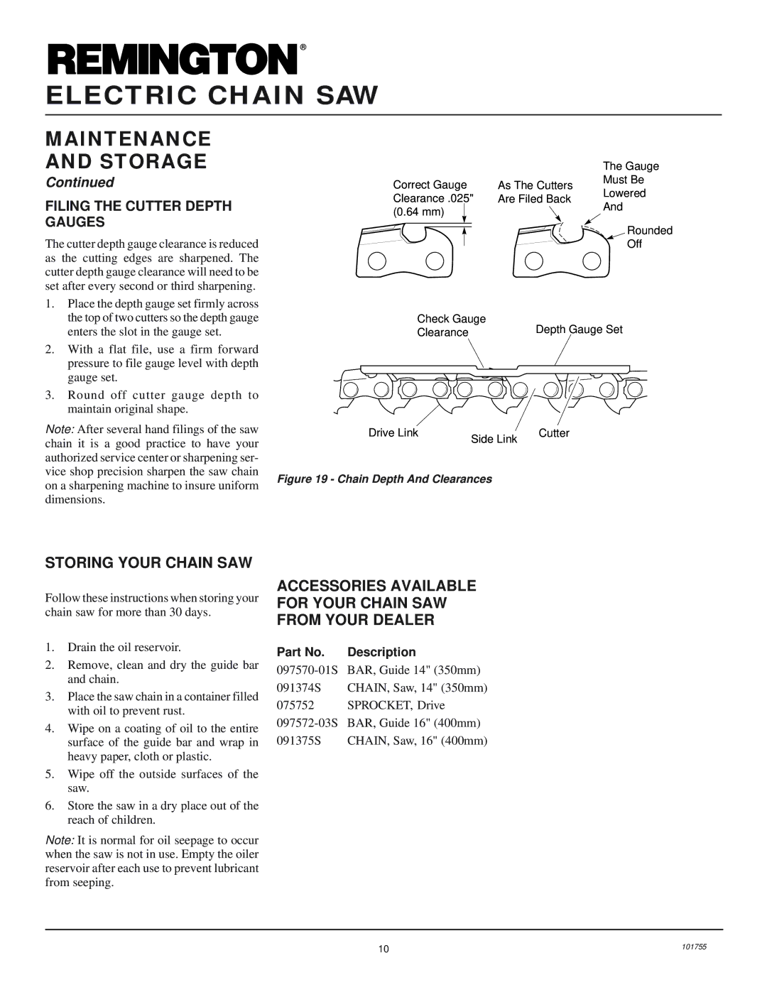 Remington Power Tools EL-3 owner manual Storing Your Chain SAW, Accessories Available for Your Chain SAW from Your Dealer 