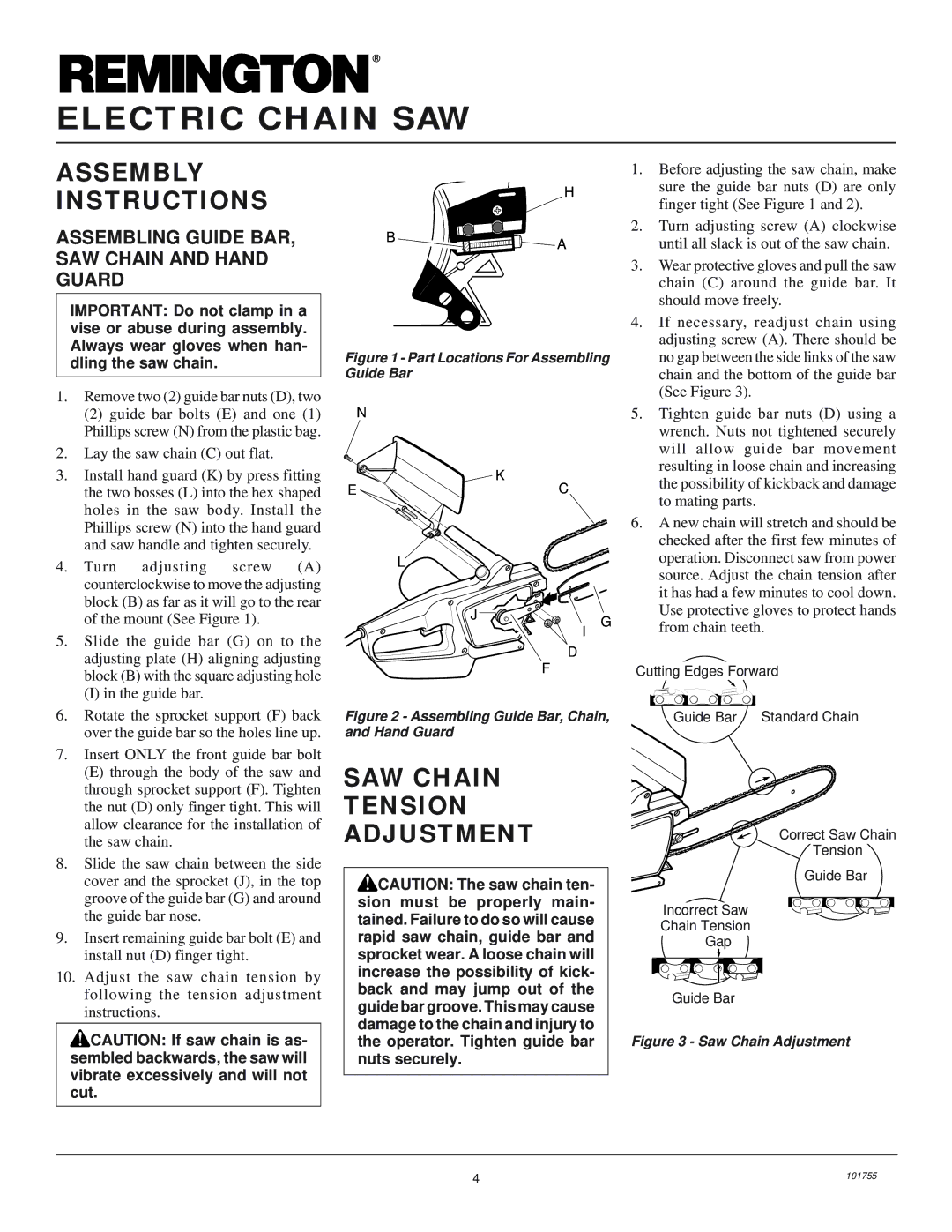 Remington Power Tools EL-3 owner manual Assembly Instructions, SAW Chain Tension Adjustment 