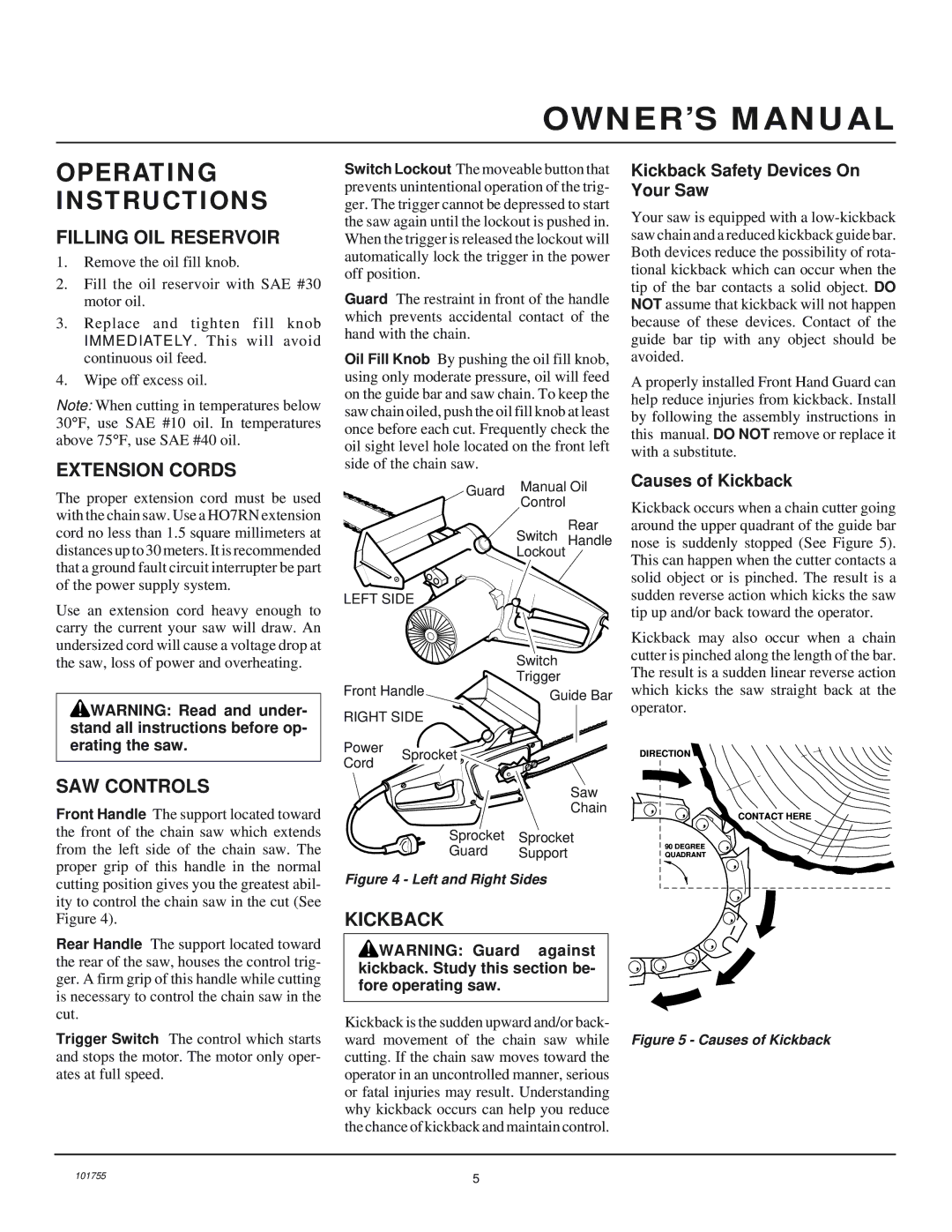 Remington Power Tools EL-3 Operating Instructions, Filling OIL Reservoir, Extension Cords, SAW Controls, Kickback 