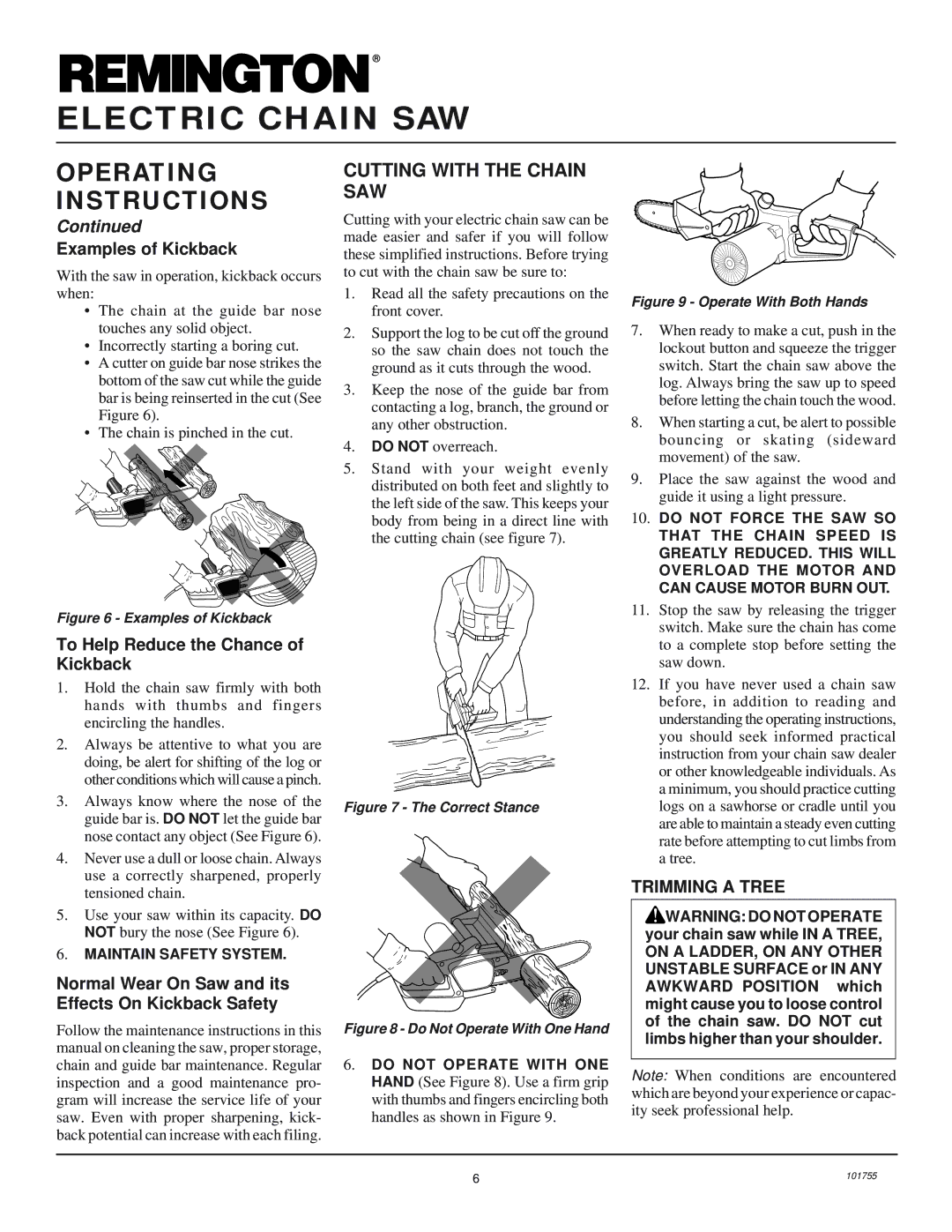 Remington Power Tools EL-3 Cutting with the Chain SAW, Examples of Kickback, To Help Reduce the Chance of Kickback 