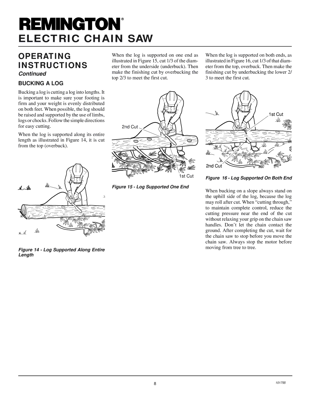 Remington Power Tools EL-3 owner manual Bucking a LOG, Log Supported Along Entire Length 