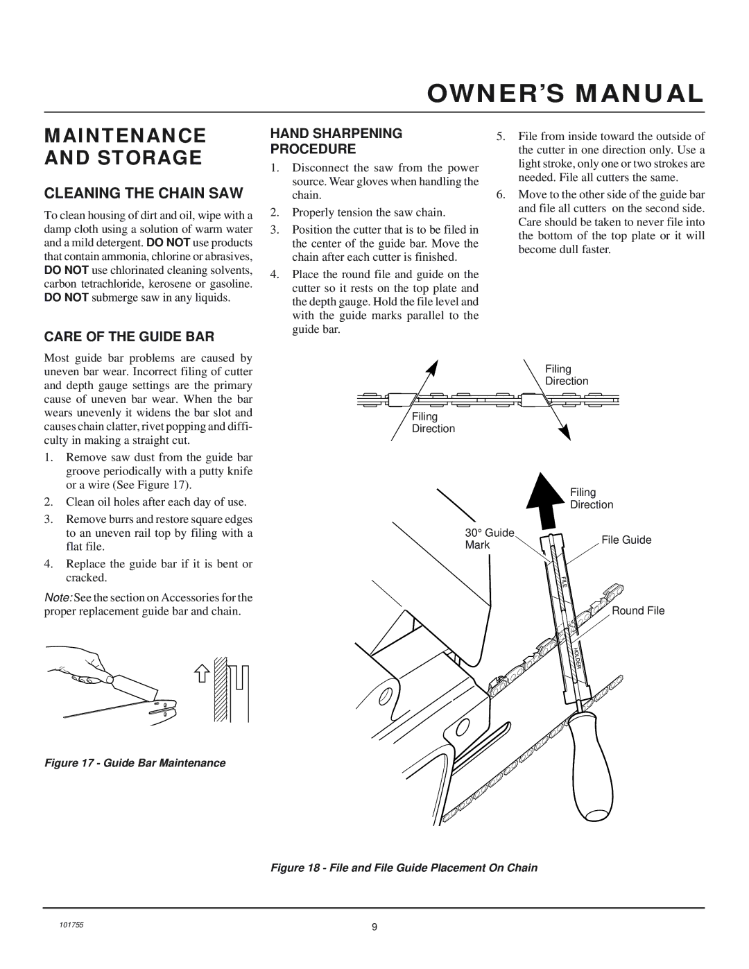 Remington Power Tools EL-3 owner manual Maintenance and Storage, Cleaning the Chain SAW 