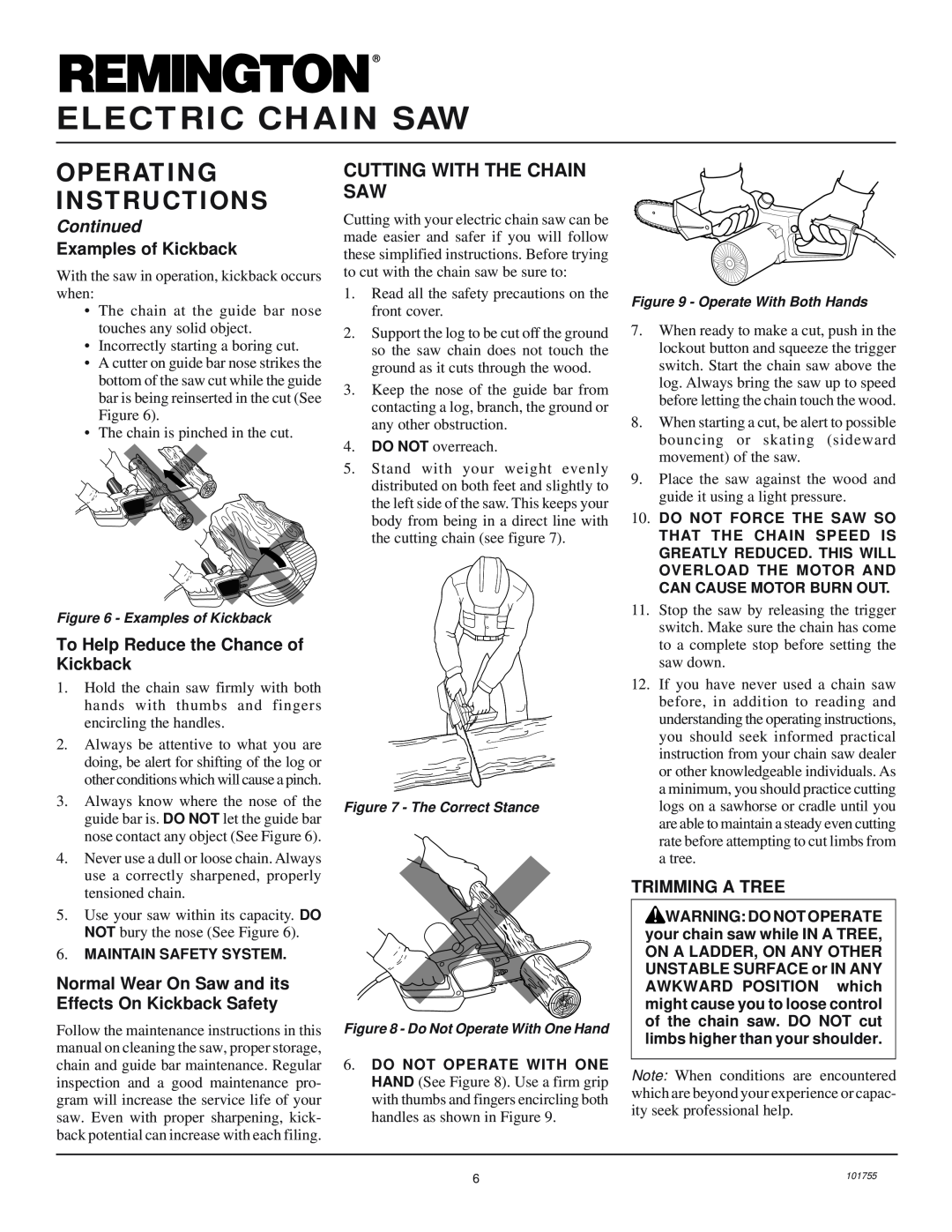 Remington Power Tools EL-3 owner manual Cutting With The Chain Saw, Continued, Examples of Kickback, Trimming A Tree 