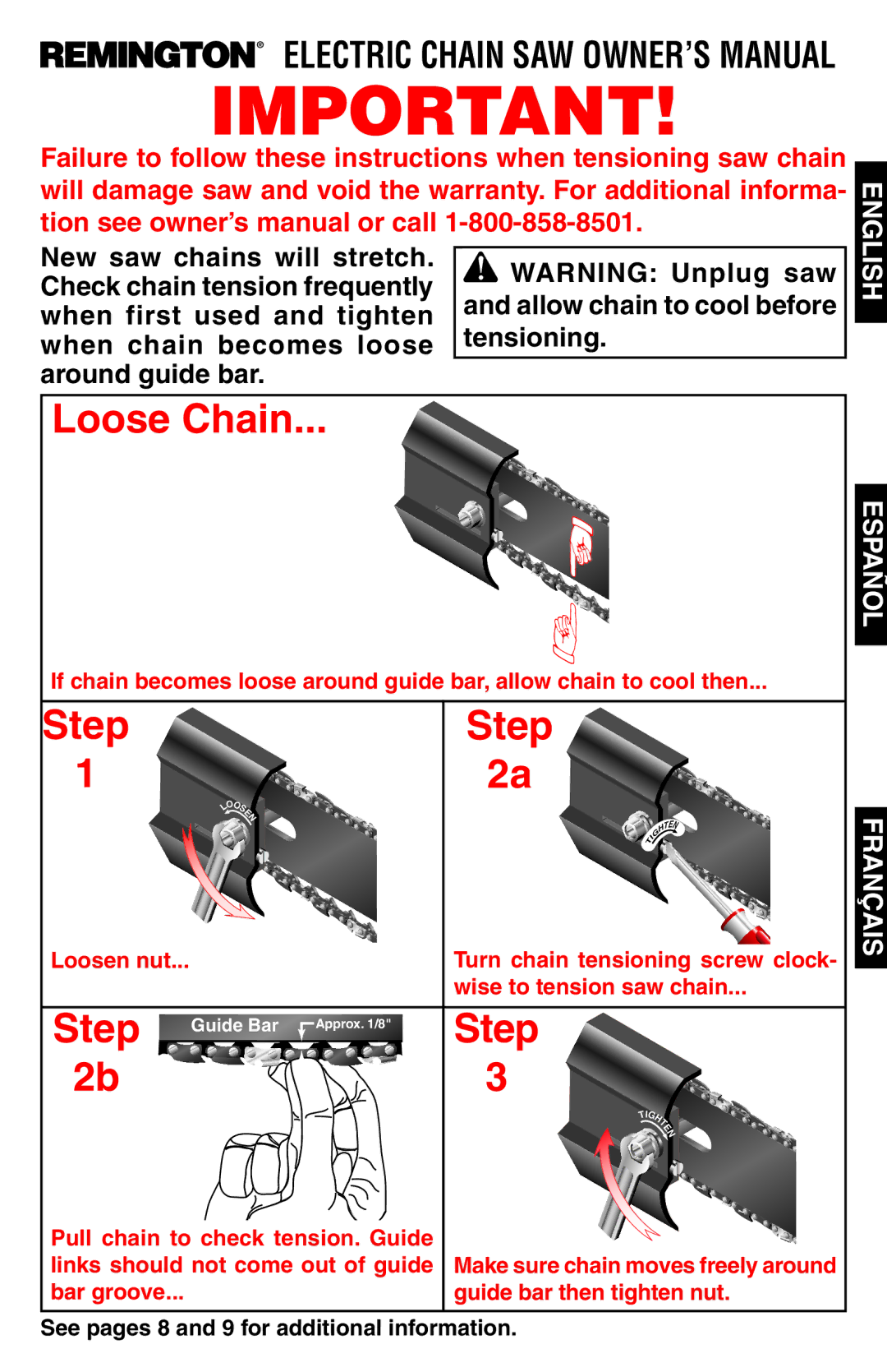 Remington Power Tools Electric Chain Saw owner manual Step, See pages 8 and 9 for additional information 