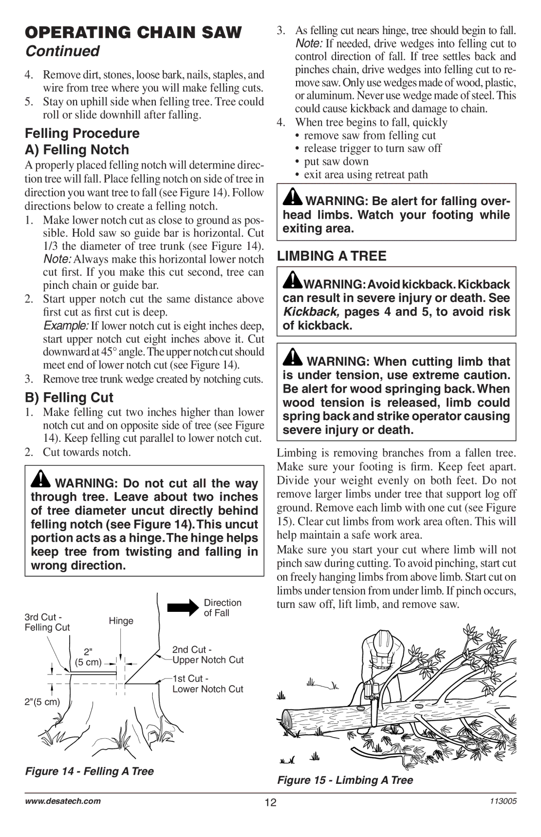 Remington Power Tools Electric Chain Saw Felling Procedure Felling Notch, Felling Cut, Limbing a Tree, Cut towards notch 