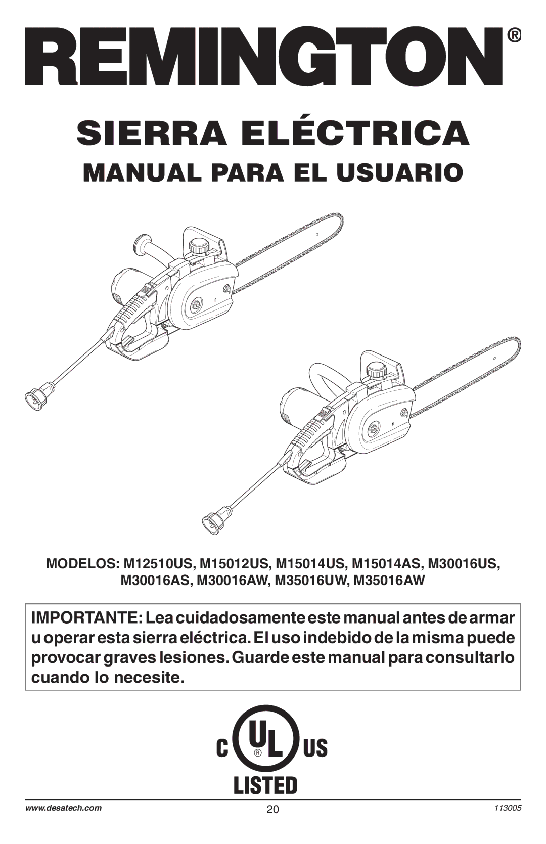 Remington Power Tools Electric Chain Saw owner manual Sierra Eléctrica 