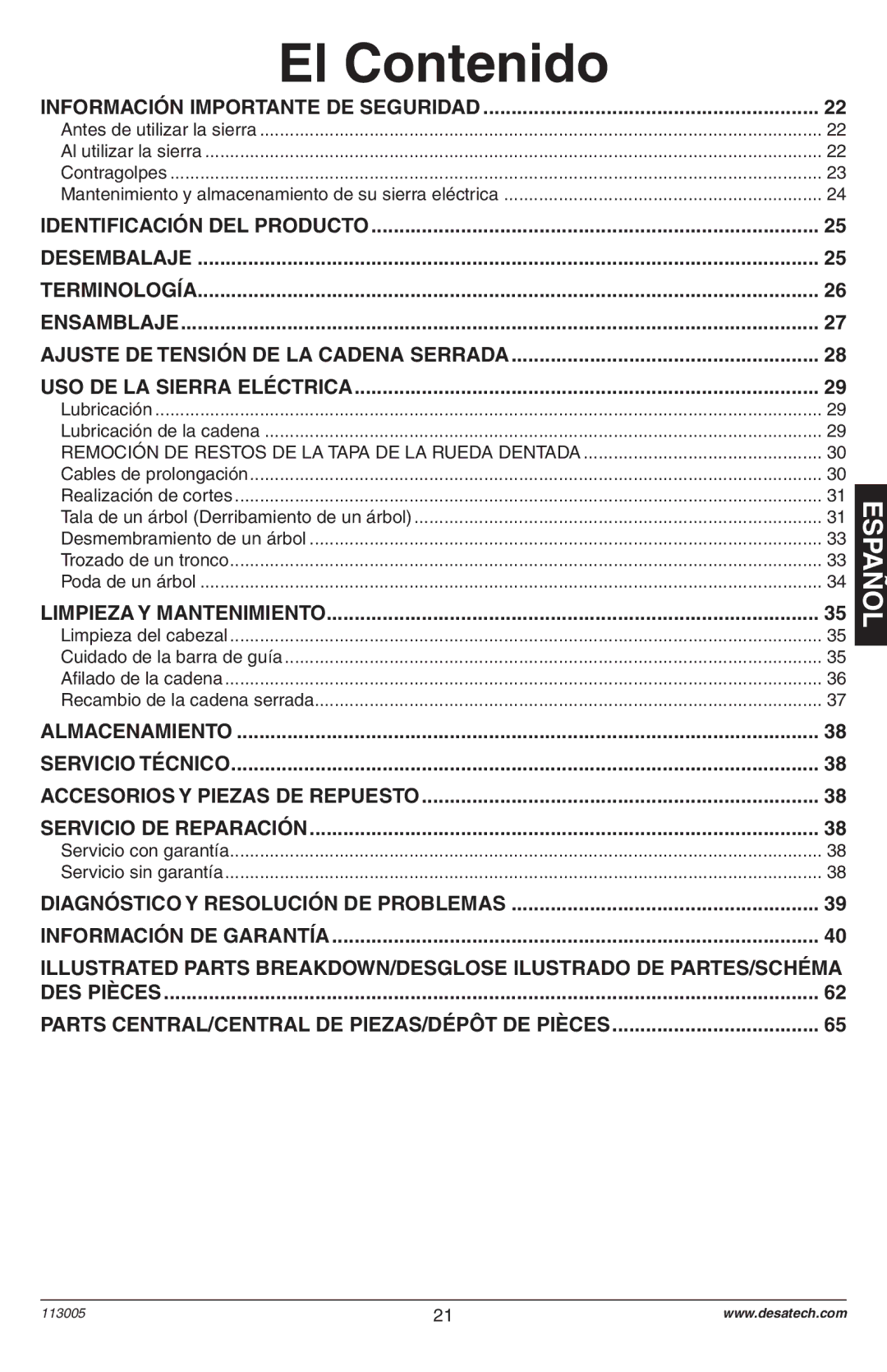 Remington Power Tools Electric Chain Saw owner manual Información Importante DE Seguridad, Limpieza Y Mantenimiento 