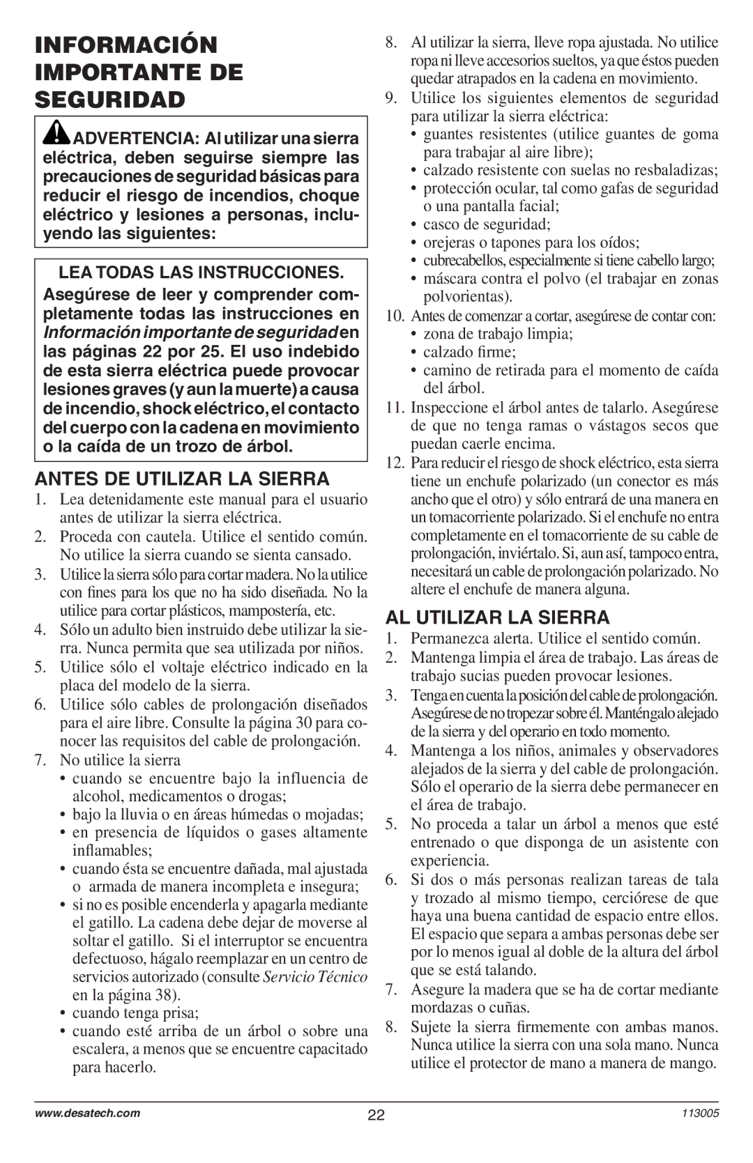 Remington Power Tools Electric Chain Saw owner manual Información Importante DE Seguridad, Antes DE Utilizar LA Sierra 