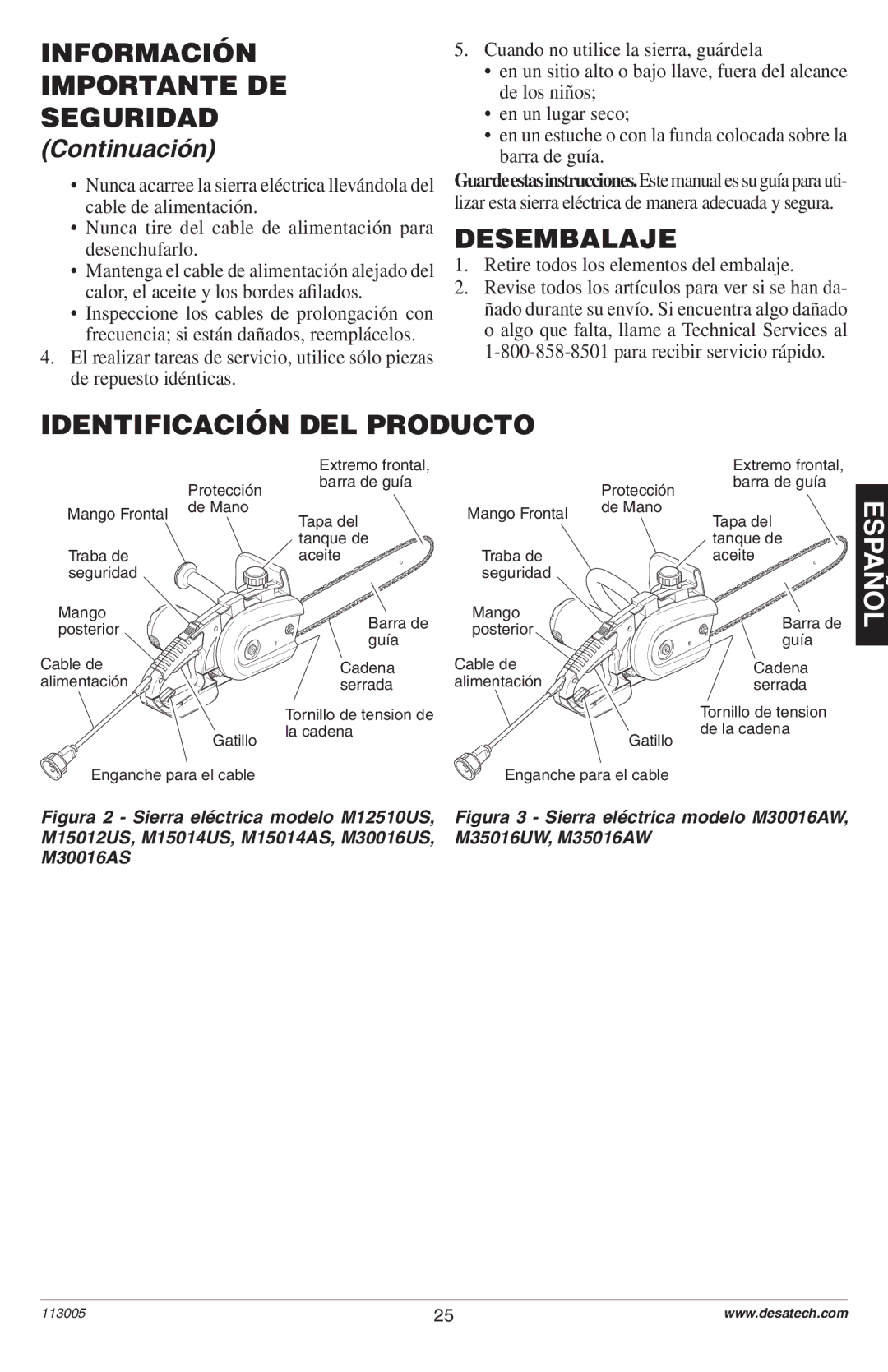 Remington Power Tools Electric Chain Saw Desembalaje, Identificación DEL Producto, Retire todos los elementos del embalaje 