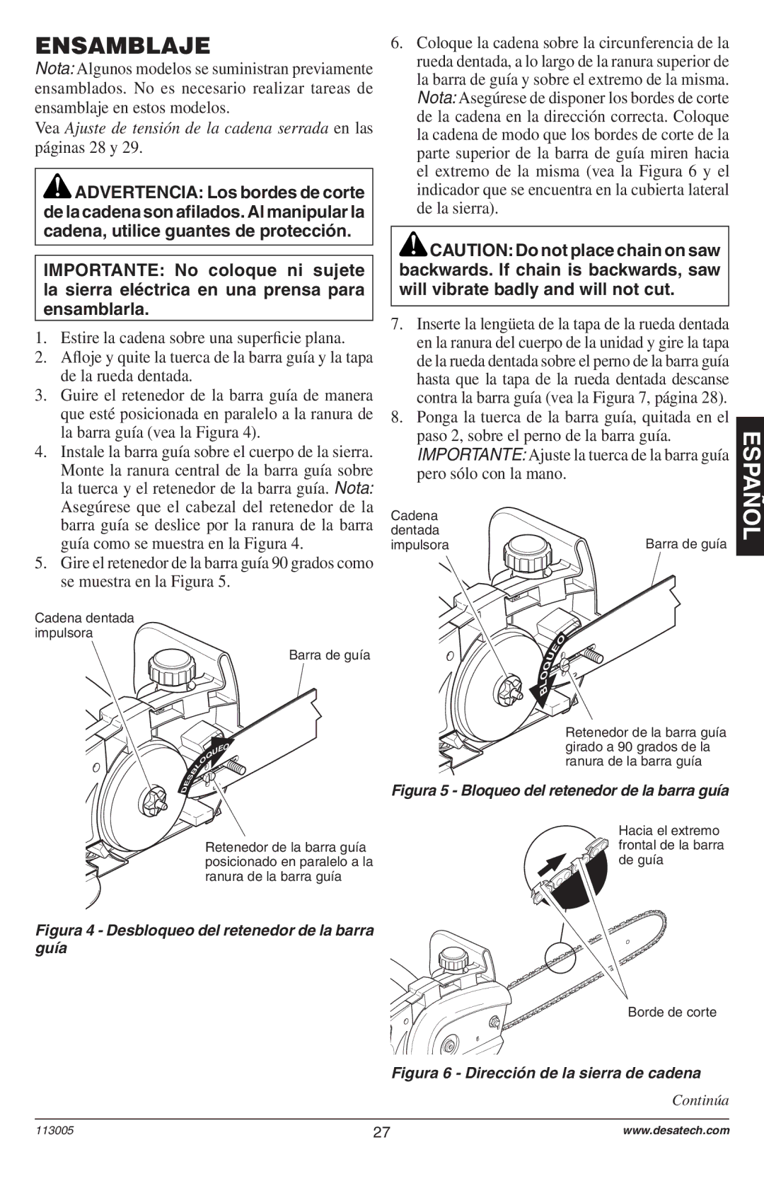 Remington Power Tools Electric Chain Saw owner manual Ensamblaje, Figura 5 Bloqueo del retenedor de la barra guía 