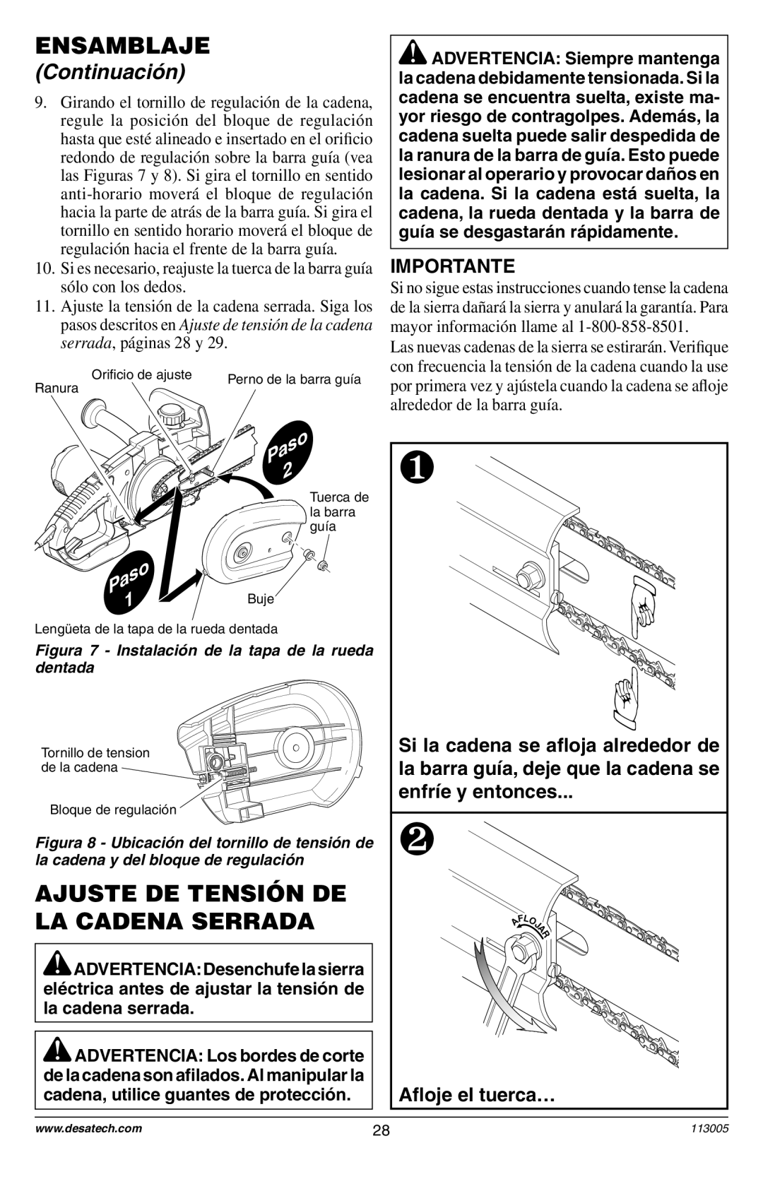 Remington Power Tools Electric Chain Saw owner manual Ajuste DE Tensión DE LA Cadena Serrada, Importante 