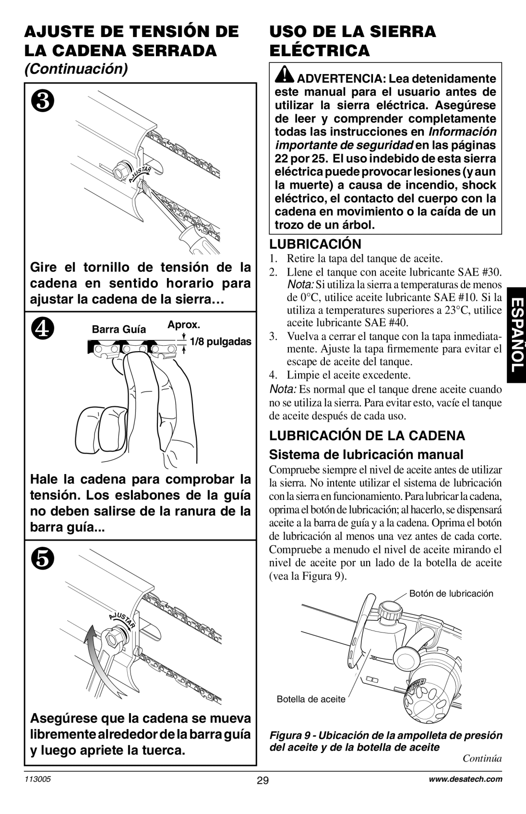 Remington Power Tools Electric Chain Saw owner manual USO DE LA Sierra Eléctrica, Lubricación 