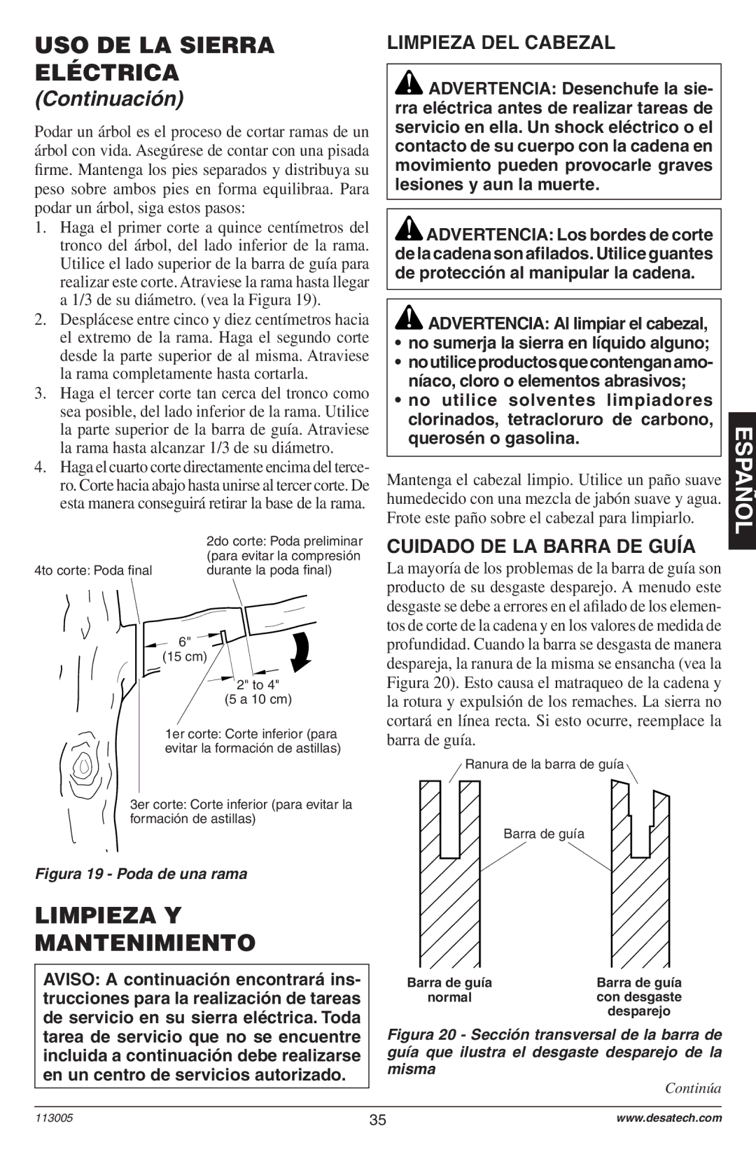 Remington Power Tools Electric Chain Saw Limpieza Y Mantenimiento, Limpieza DEL Cabezal, Cuidado DE LA Barra DE Guía 