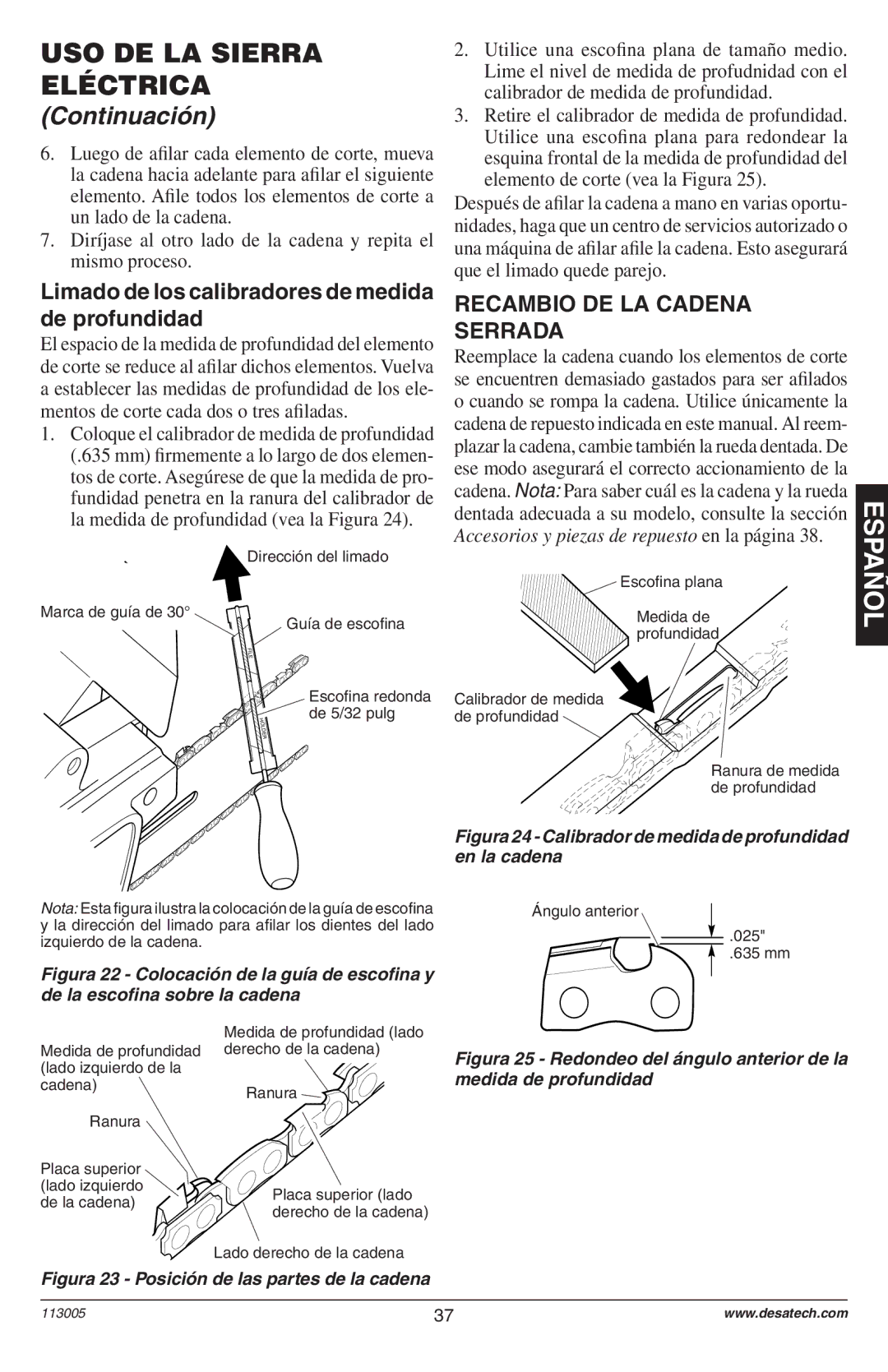 Remington Power Tools Electric Chain Saw owner manual Limado de los calibradores de medida de profundidad 