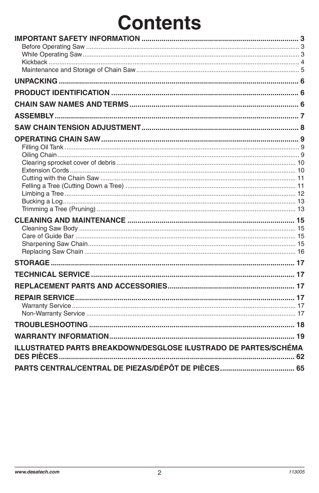 Remington Power Tools Electric Chain Saw owner manual Contents 