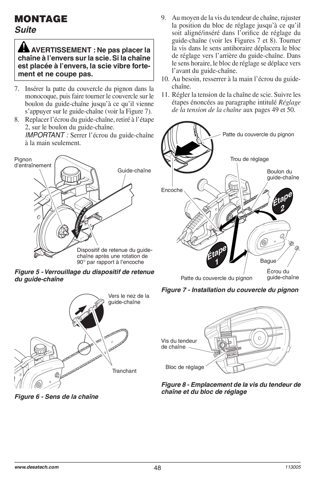 Remington Power Tools Electric Chain Saw owner manual Au besoin, resserrer à la main l’écrou du guide- chaîne, Étape 