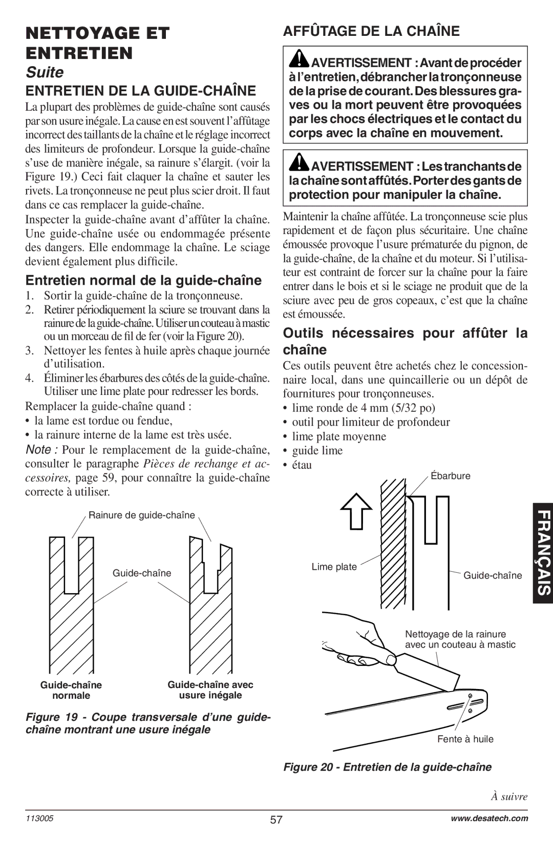 Remington Power Tools Electric Chain Saw owner manual Entretien DE LA GUIDE-CHAÎNE, Entretien normal de la guide-chaîne 