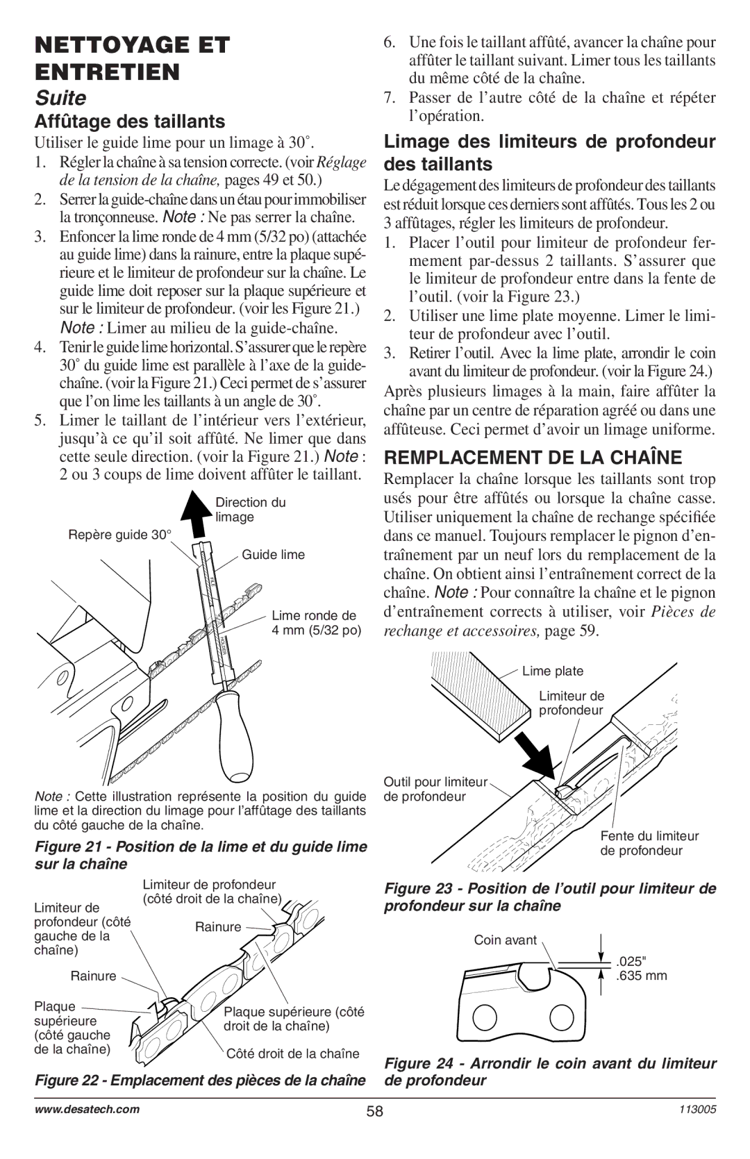 Remington Power Tools Electric Chain Saw Affûtage des taillants, Limage des limiteurs de profondeur des taillants 