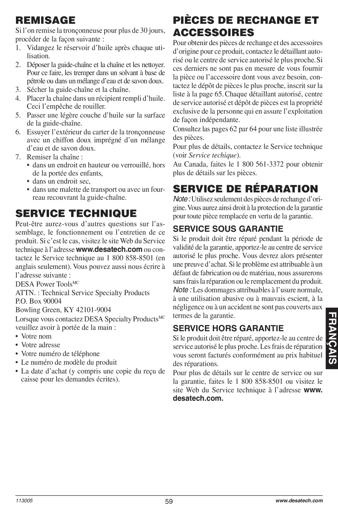 Remington Power Tools Electric Chain Saw owner manual Remisage, Service Technique, Pièces DE Rechange ET Accessoires 