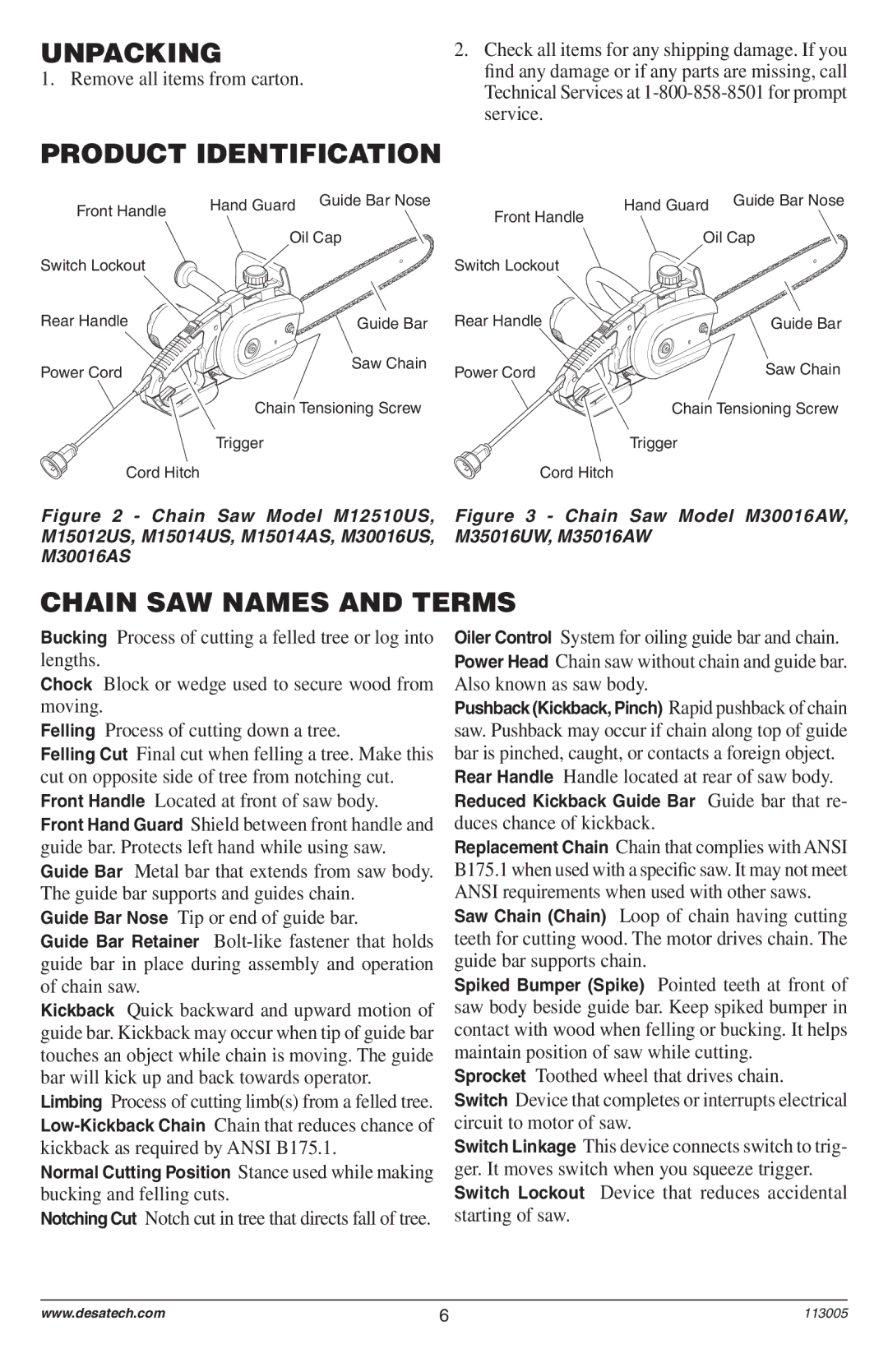 Remington Power Tools Electric Chain Saw owner manual Unpacking, Product Identification, Chain SAW Names and Terms 