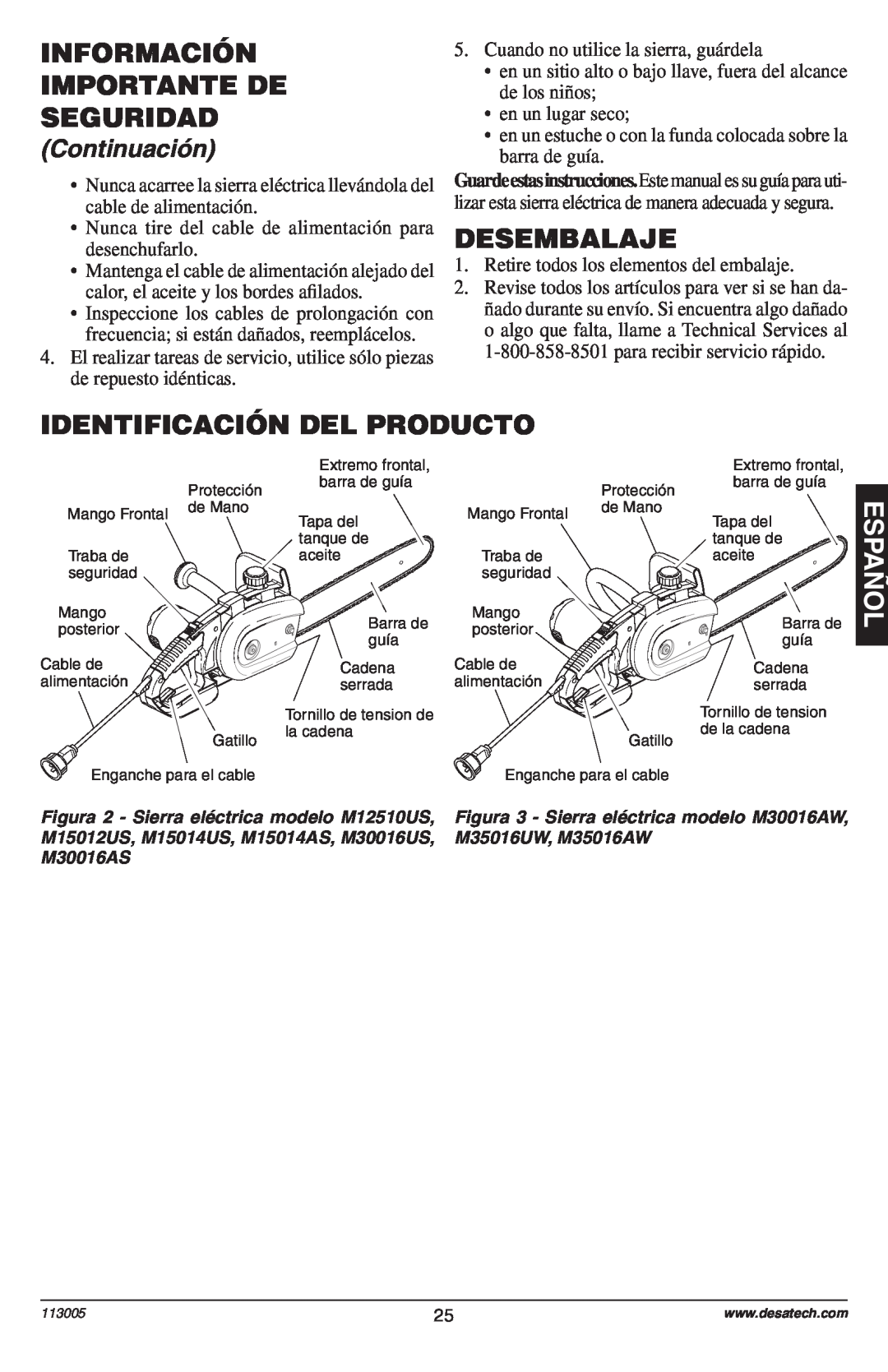 Remington Power Tools Electric Chain Saw Desembalaje, Identificación Del Producto, Información Importante De Seguridad 