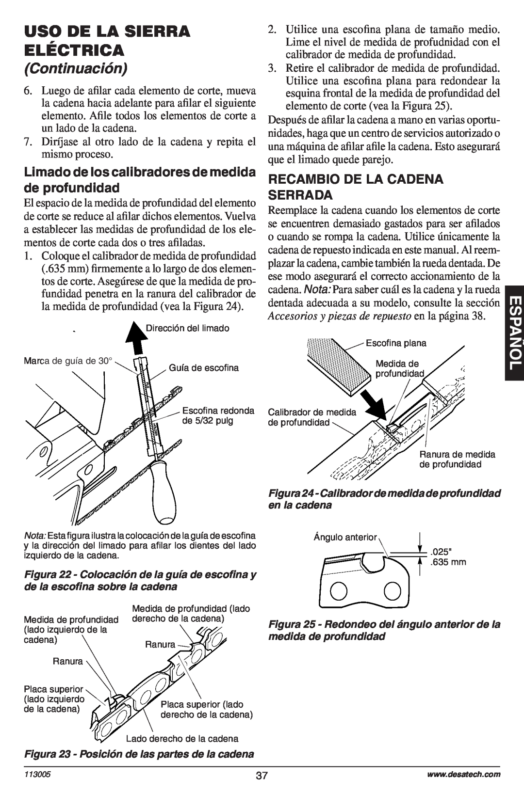 Remington Power Tools Electric Chain Saw Limado de los calibradores de medida de profundidad, Uso De La Sierra Eléctrica 