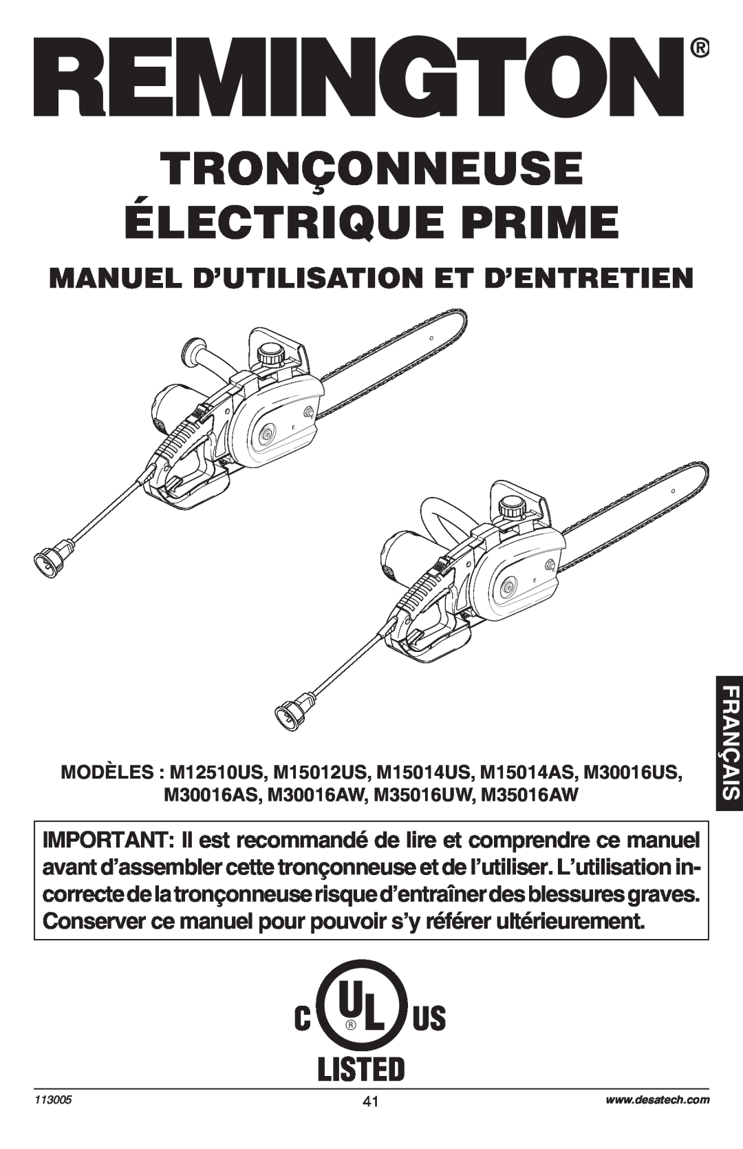 Remington Power Tools Electric Chain Saw Tronçonneuse Électrique Prime, Français, Manuel D’Utilisation Et D’Entretien 
