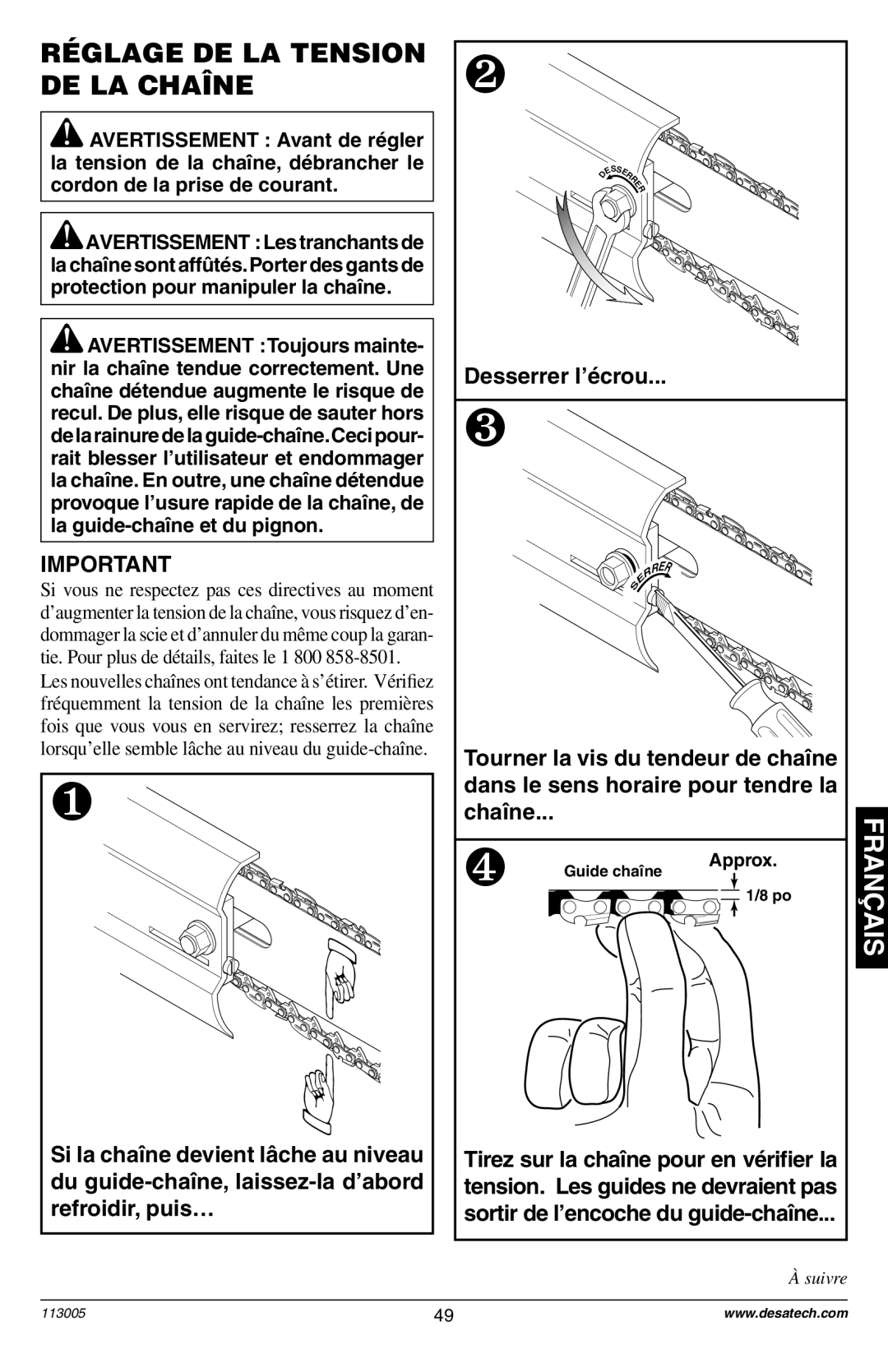 Remington Power Tools Electric Chain Saw owner manual Réglage De La Tension De La Chaîne, Desserrer l’écrou, chaîne 