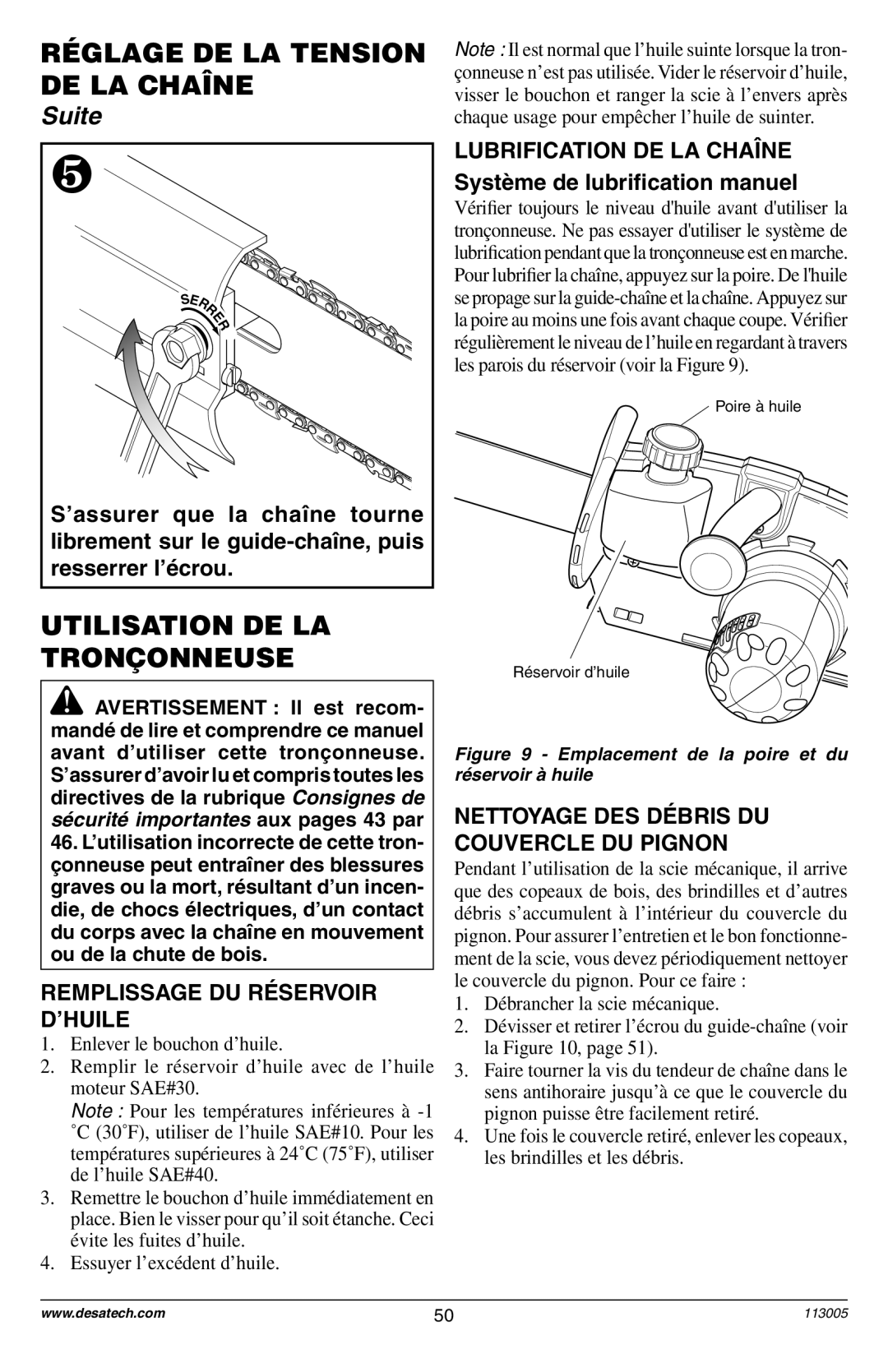 Remington Power Tools Electric Chain Saw Utilisation De La Tronçonneuse, Remplissage Du Réservoir D’Huile, Suite 