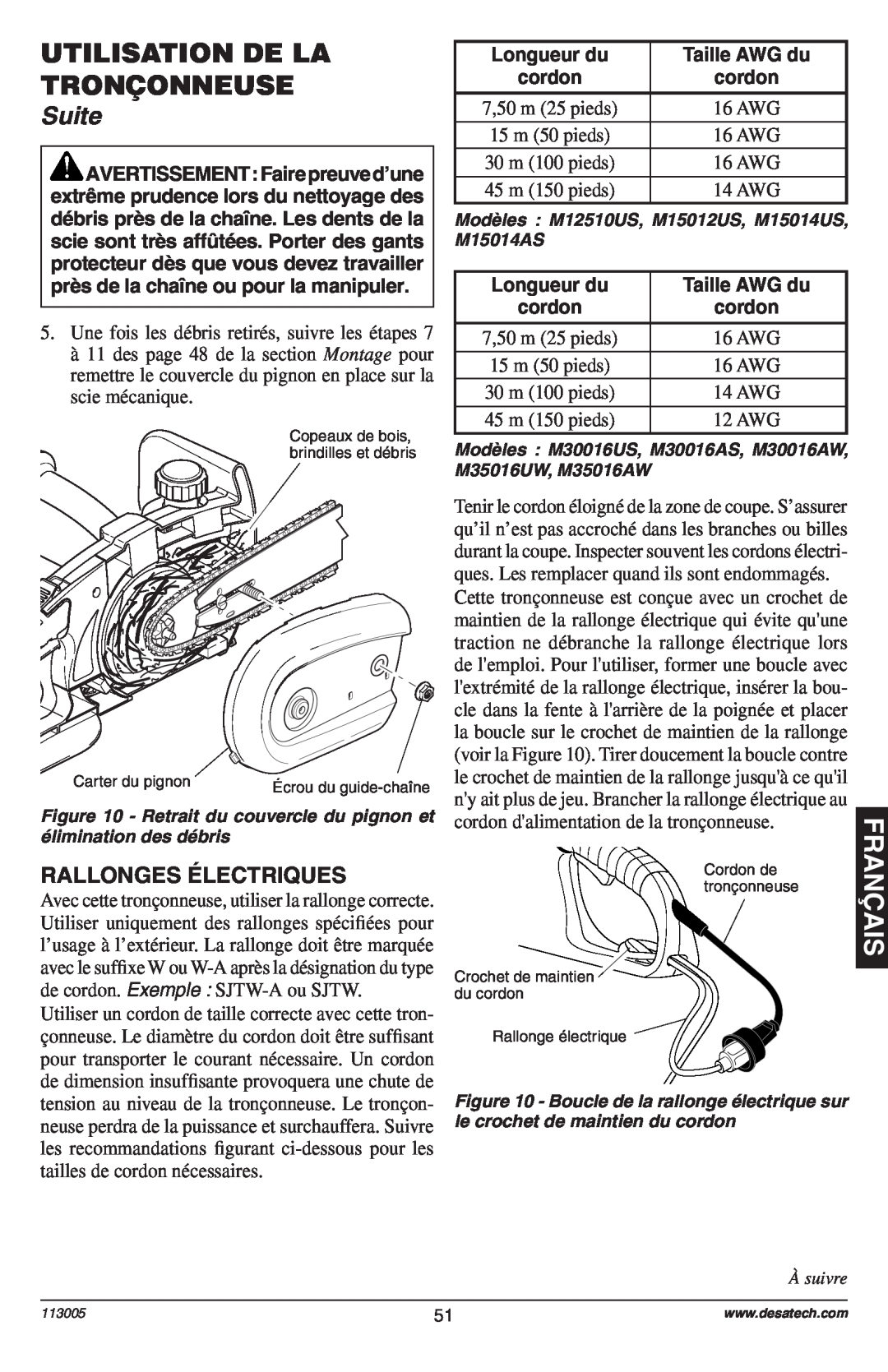 Remington Power Tools Electric Chain Saw owner manual Rallonges Électriques, Utilisation De La Tronçonneuse, Suite 