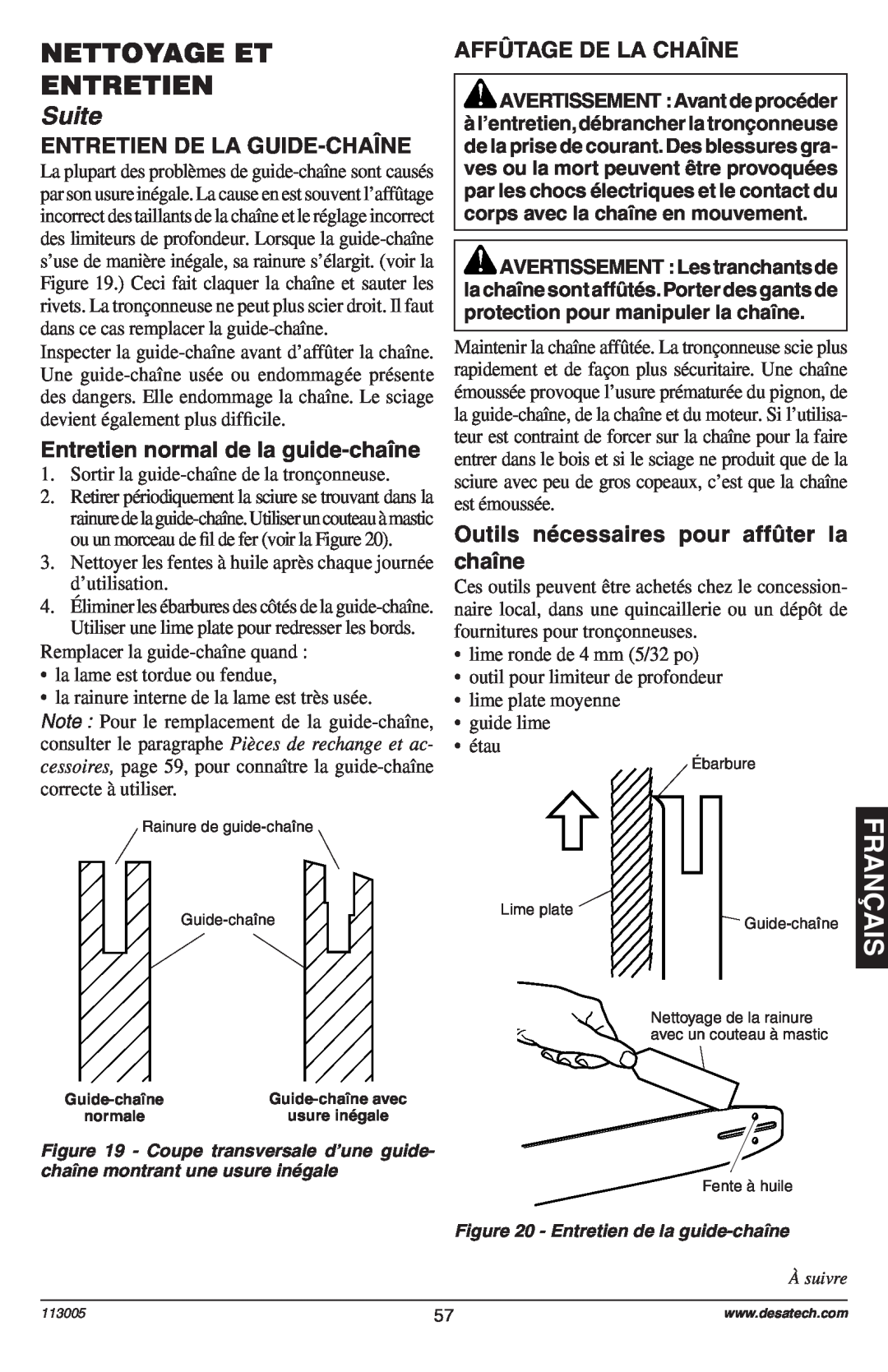 Remington Power Tools Electric Chain Saw Entretien De La Guide-Chaîne, Entretien normal de la guide-chaîne, Suite 
