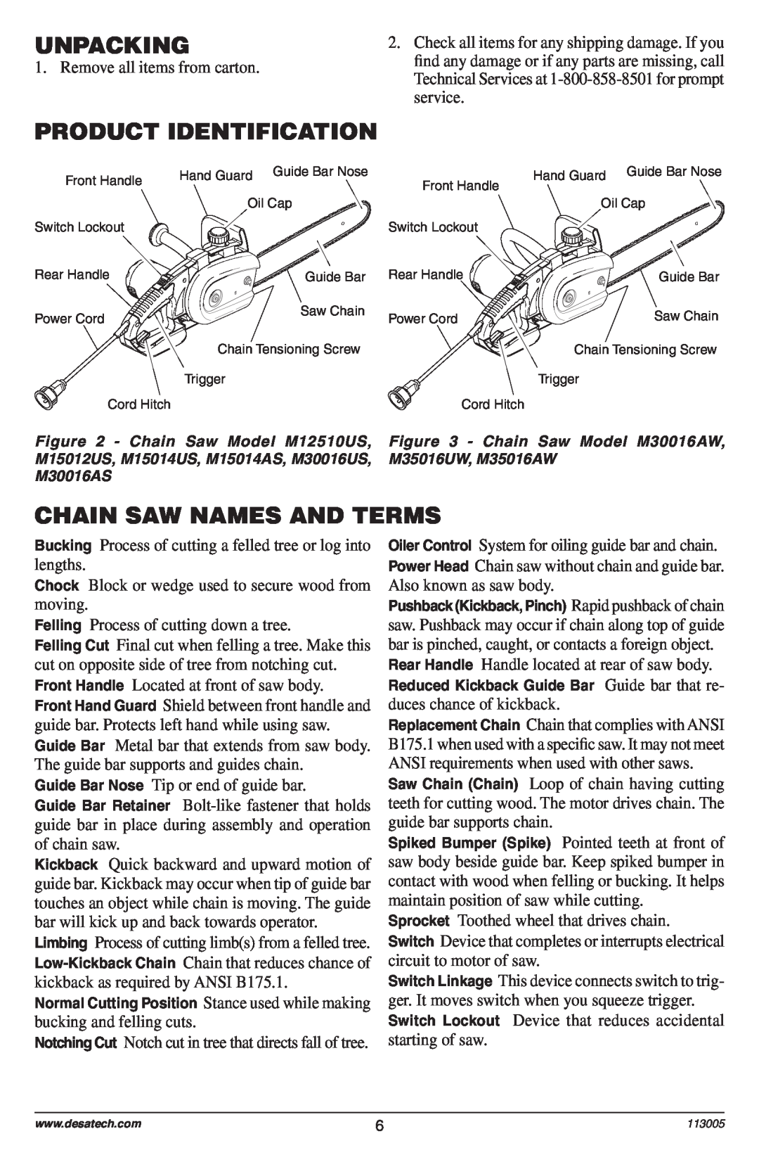 Remington Power Tools Electric Chain Saw owner manual Unpacking, Product Identification, Chain Saw Names And Terms 
