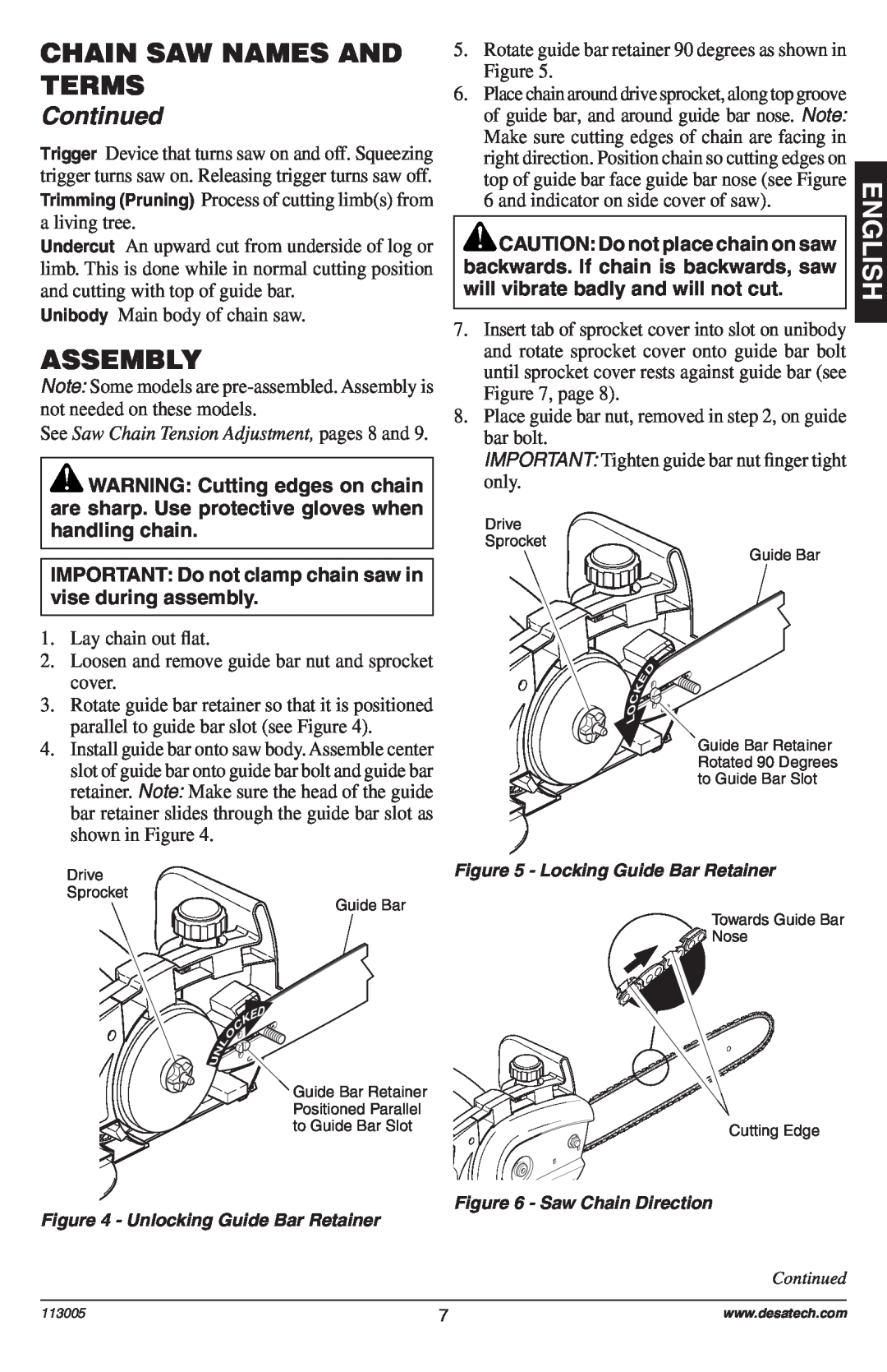 Remington Power Tools Electric Chain Saw owner manual Assembly, See Saw Chain Tension Adjustment, pages 8 and, Continued 