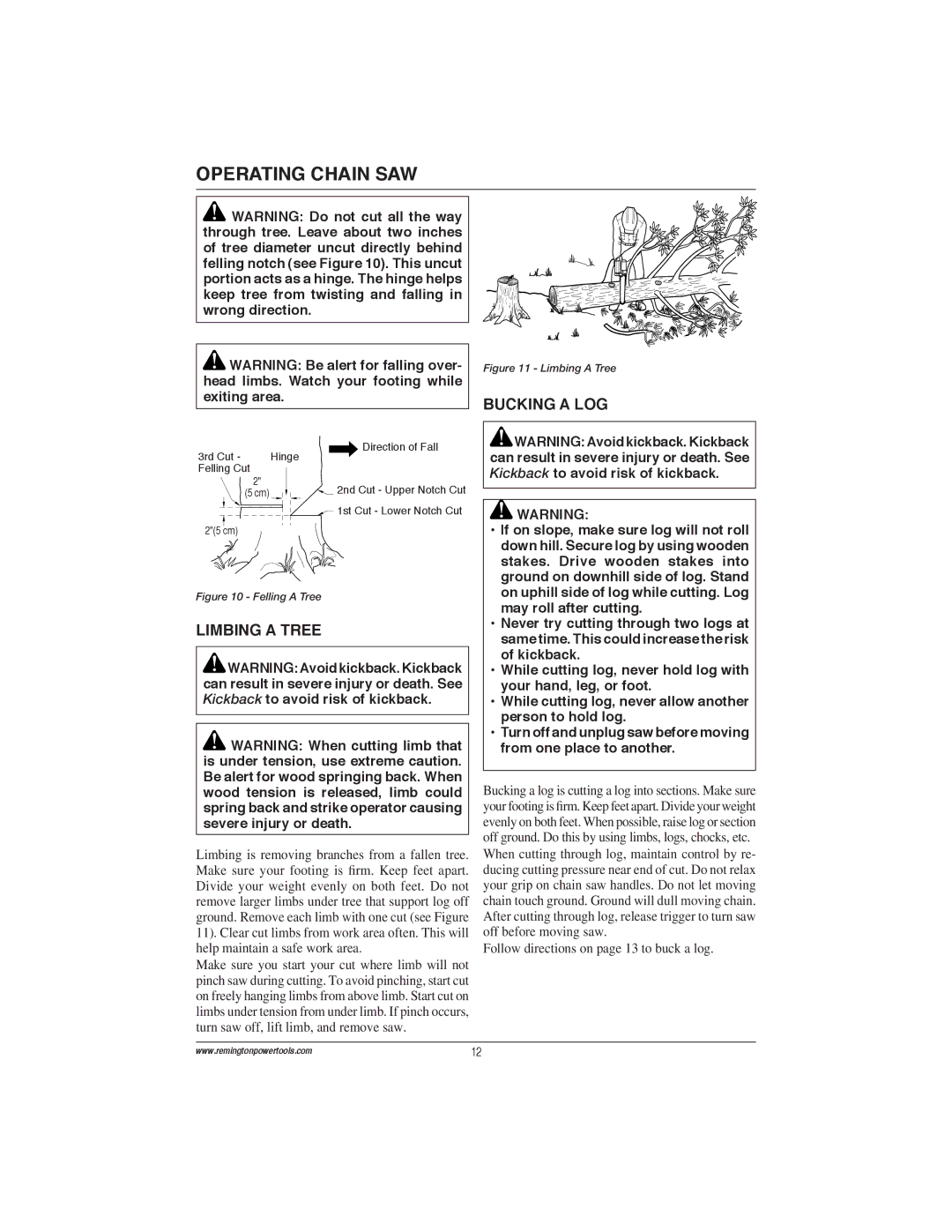 Remington Power Tools ES1512US, ES1514US Limbing a Tree, Bucking a LOG, Follow directions on page 13 to buck a log 