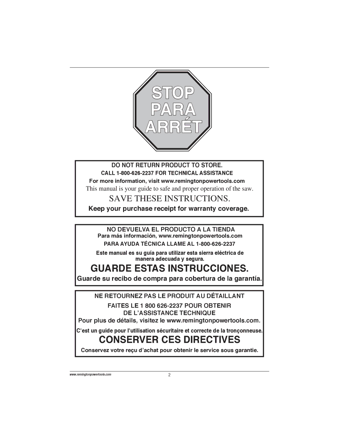 Remington Power Tools ES1514AS, ES1512US, ES1514US, 100089-06A Stop Para Arrét, Call 1-800-626-2237 for Technical Assistance 