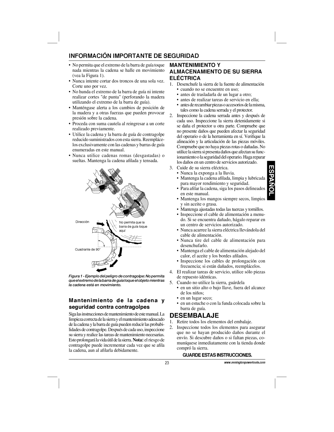 Remington Power Tools 100089-06A, ES1512US Desembalaje, Mantenimiento de la cadena y seguridad contra contragolpes 